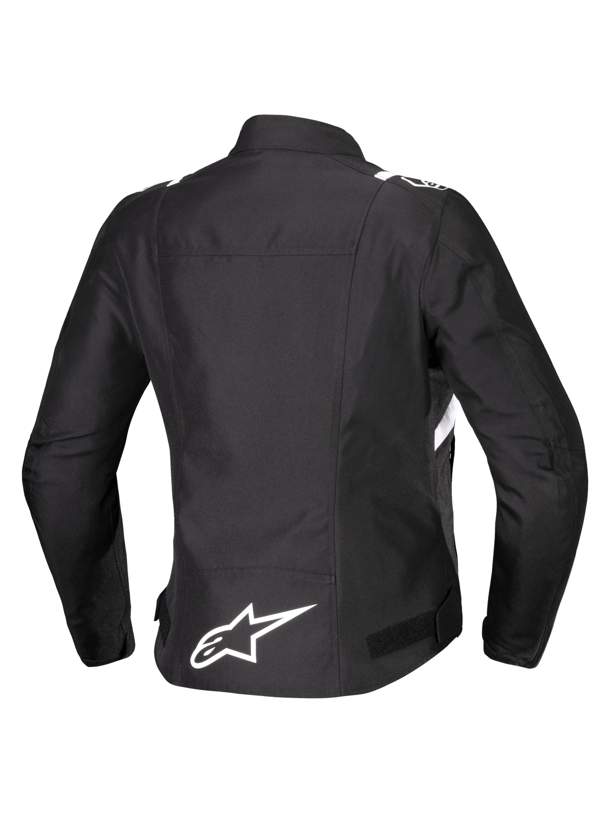 Alpinestars Stella T-SPS V2 wasserdichte Jacke, Rückansicht, Damen-Textil-Motorradjacke, Schwarz mit weißen Akzenten, weißes Alpinestars Stern-Logo am unteren Rücken, sportliche, rennsportinspirierte Silhouette
