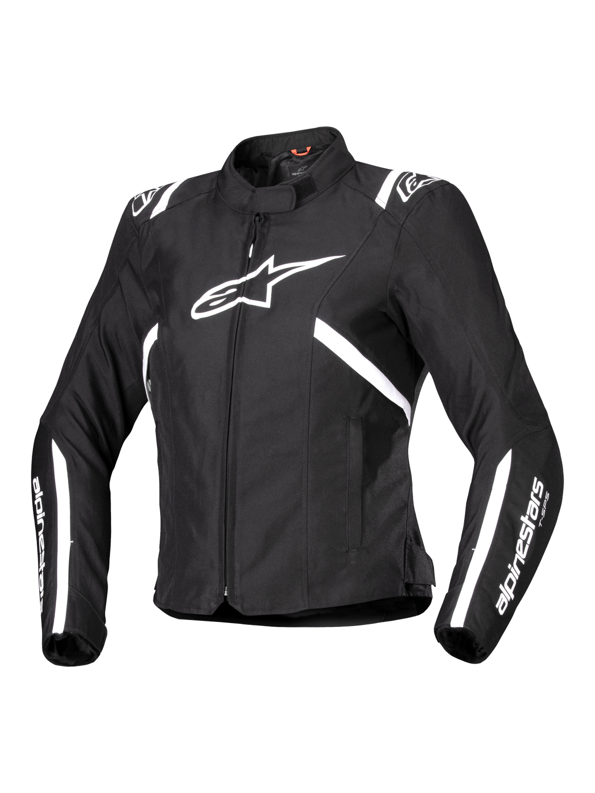Alpinestars Stella T-SPS V2 Wasserdichte Jacke, Damen-Motorradjacke, Schwarz und Weiß, mit großem weißem Stern-Logo auf der Brust, weißen Streifen an Schultern und Ärmeln, schlanke rennsportinspirierte Silhouette, hoher Kragen, strapazierfähiges Textilgewebe