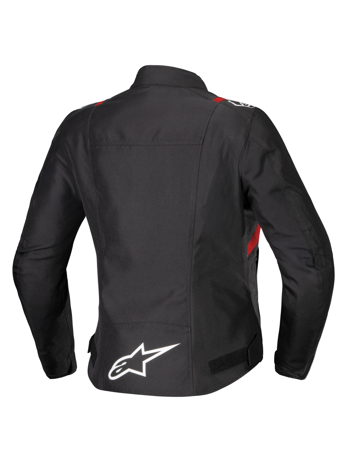 Alpinestars Stella T-SPS V2 Wasserdichte Jacke, Rückansicht, Schwarz mit roten und weißen Akzenten, Motorrad-Textiljacke für Damen mit einem großen weißen Alpinestars-Logo am unteren Rücken und sportlicher Silhouette
