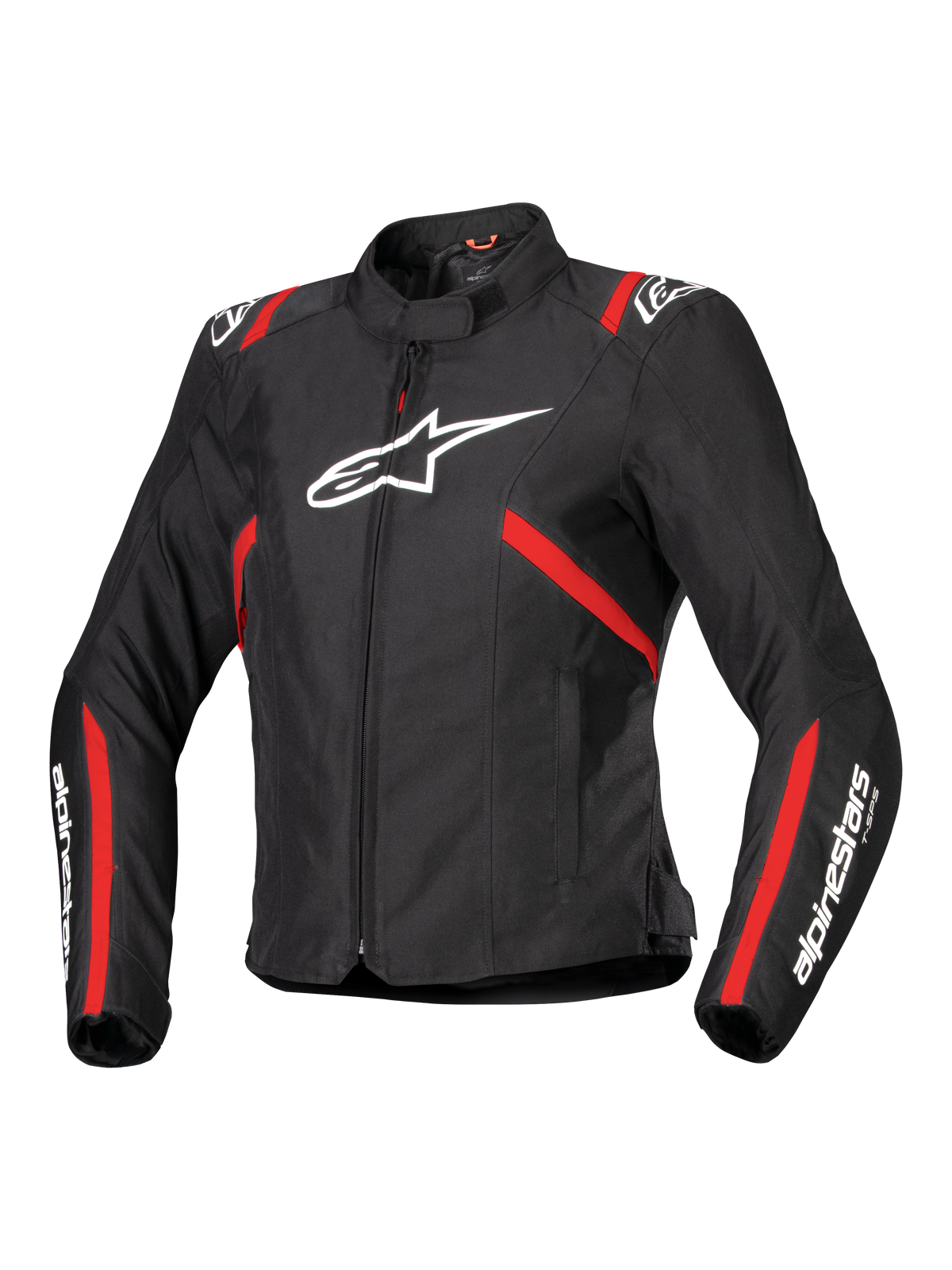 Alpinestars Stella T-SPS V2 Wasserdichte Jacke, Damen-Sport-Motorradjacke, Schwarz mit roten Streifen und weißen Logos, vom Rennsport inspiriertes, tailliertes Design, mit hohem Kragen und Frontreißverschluss