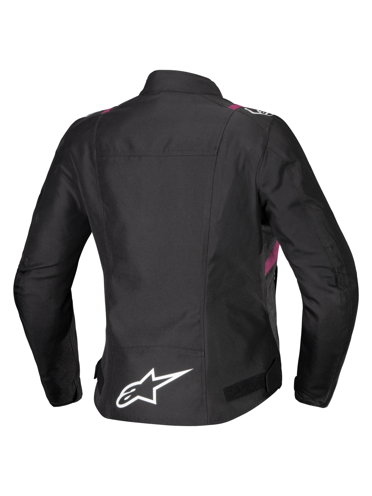 Alpinestars Stella T-SPS V2 Wasserdichte Jacke, Damen-Motorradjacke, Schwarz mit weißen und Diva Pink Akzenten, Rückansicht mit weißem Stern-Logo am unteren Rücken, sportlich inspirierte Silhouette mit strapazierfähigem Textil-Finish
