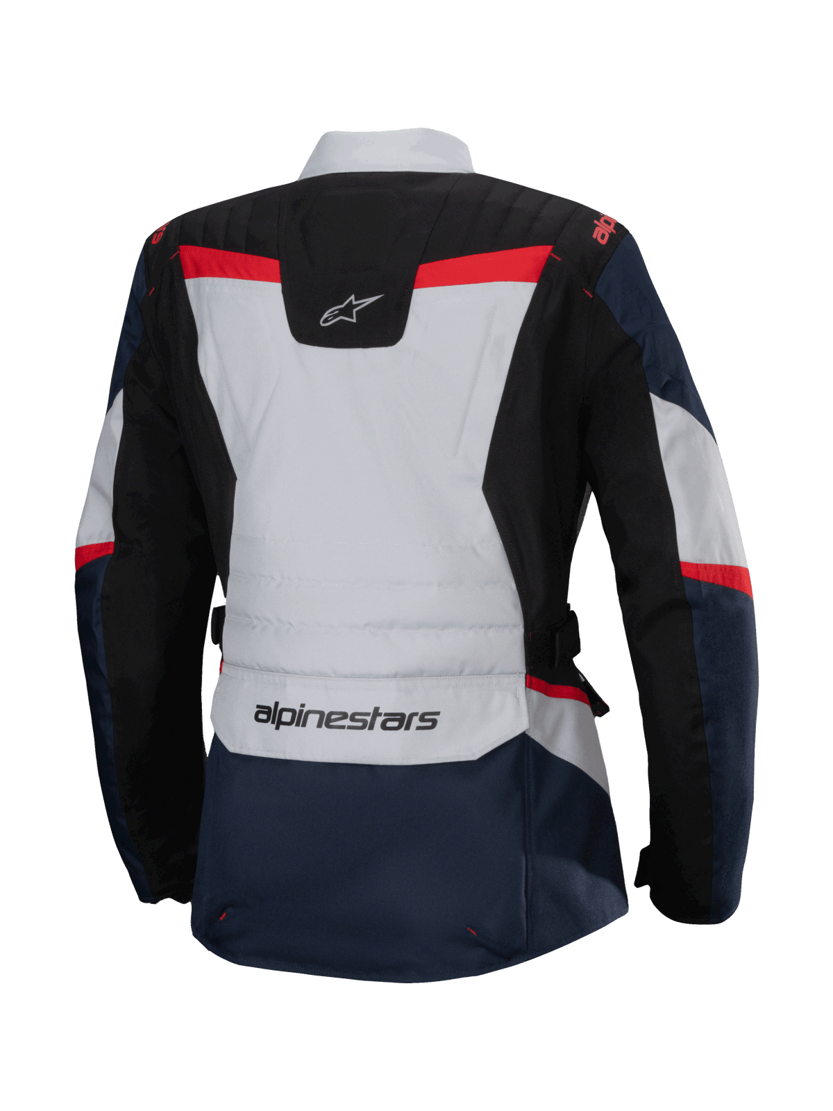 Alpinestars Stella ST-1 Waterproof Jacket, Back View, Dark Blue and Black with Light Grey and Bright Red accents, Women's adventure touring jacket featuring Alpinestars branding and ergonomic construction.
