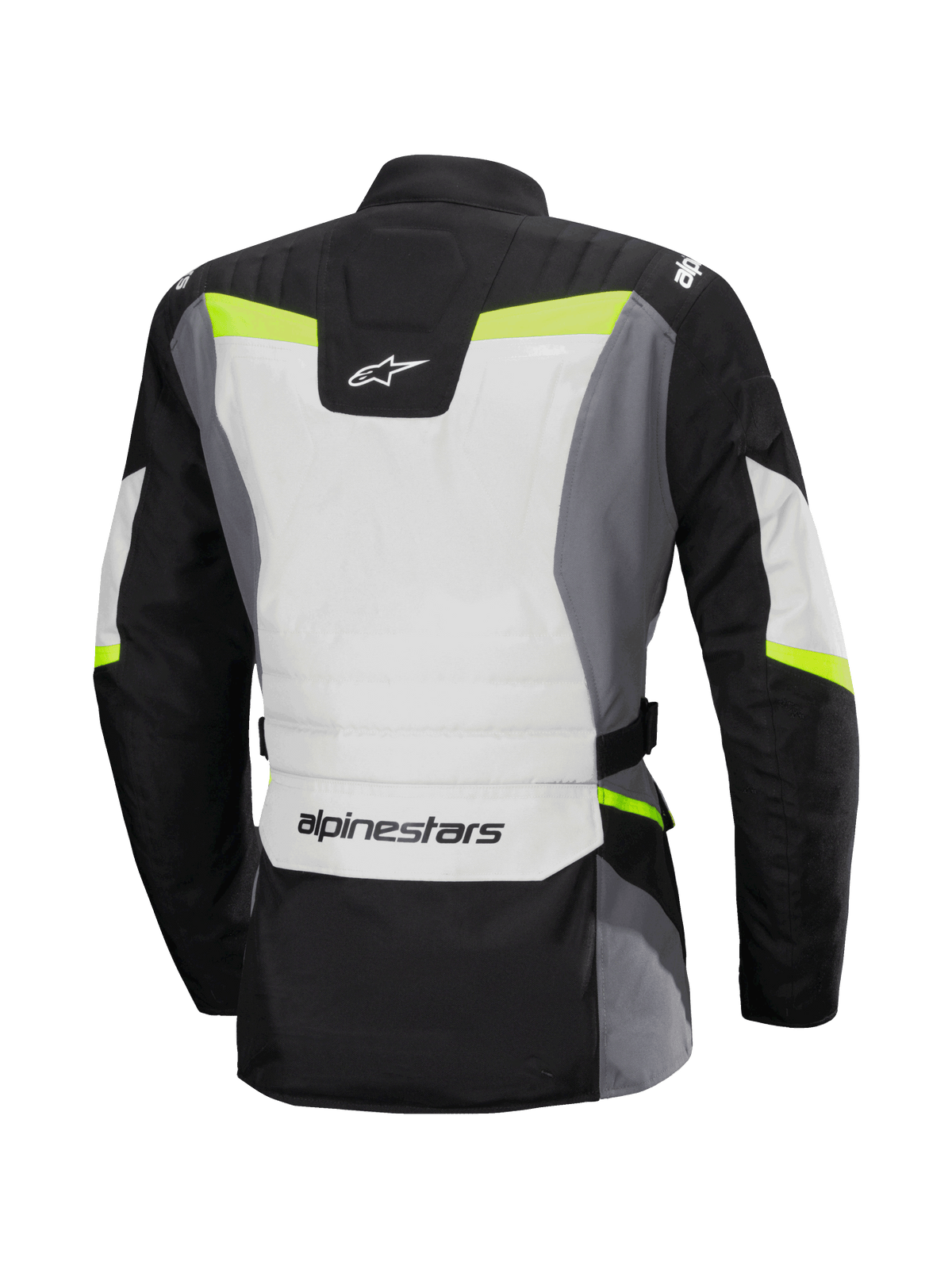 Alpinestars Stella ST-1 Waterproof Jacket, Back View, Women's Motorcycle Touring Jacket, Ice Gray, Black, and Yellow Fluo, features Alpinestars logo on lower back and upper neck, adventure touring design with protective textile construction and fluorescent accents.