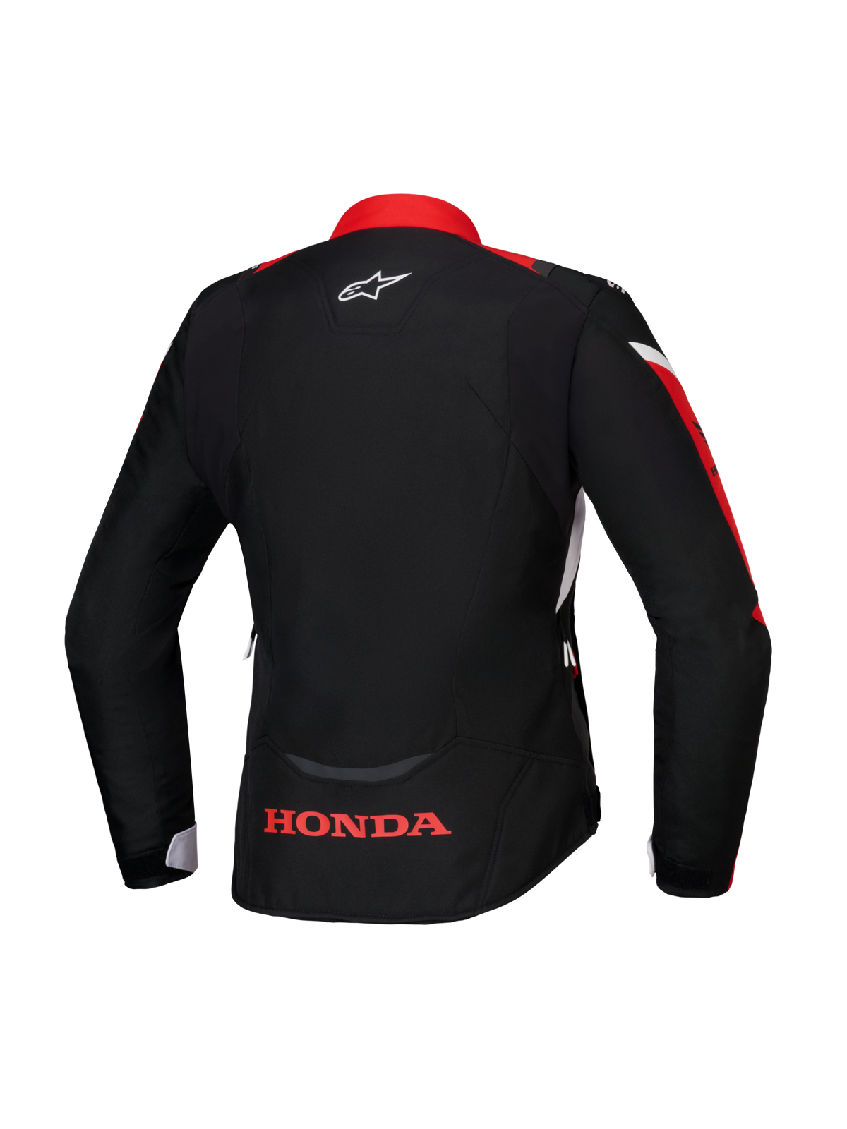 Alpinestars Honda Stella T-Jaws V4 WP Jacke, Rückansicht, Schwarz mit leuchtend roten und weißen Akzenten, mit rotem Honda-Logo am unteren Rücken und weißem Alpinestars-Logo am Nacken, wasserdichte Textiljacke mit Damen-Sportpassform