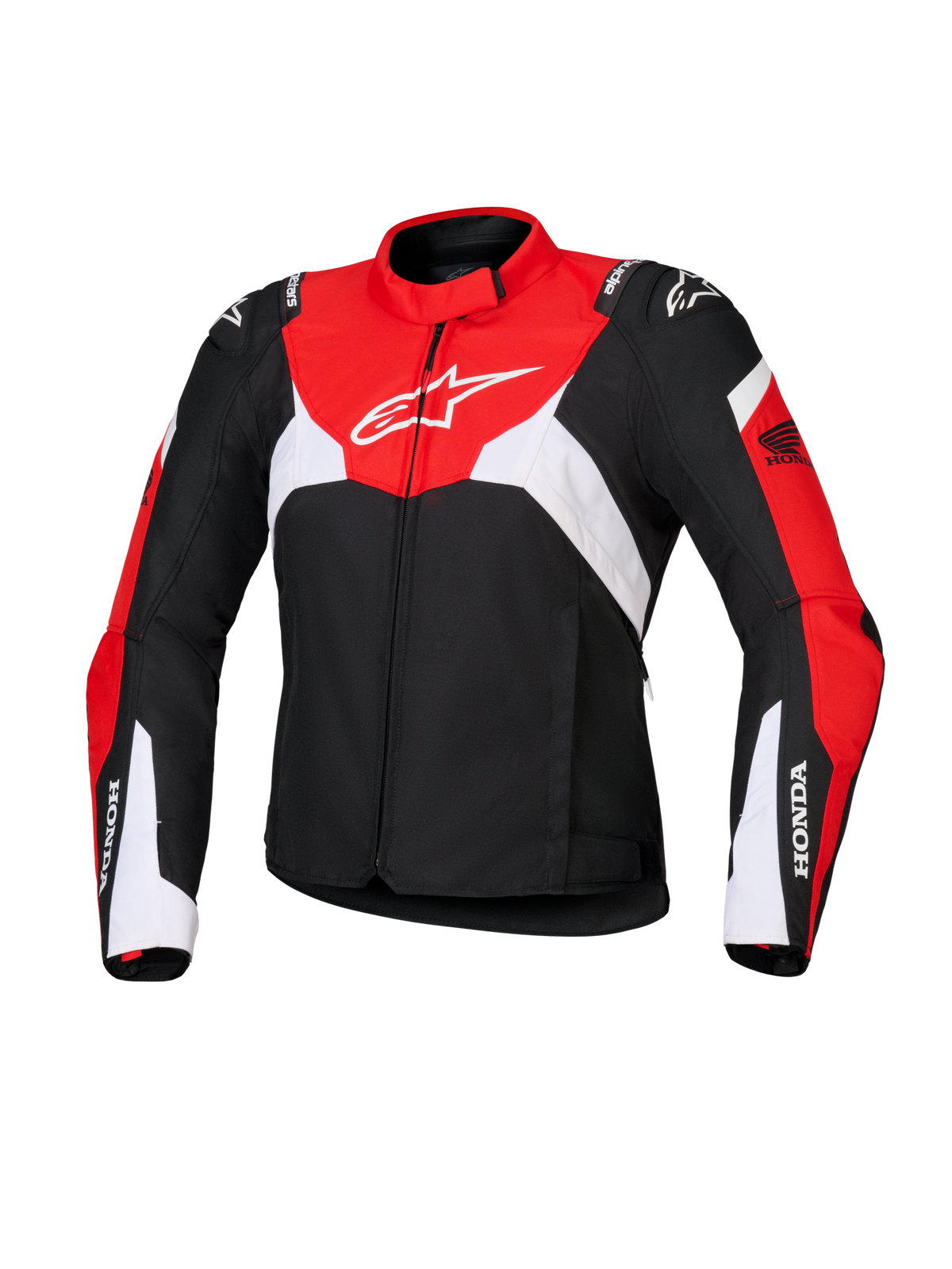 Alpinestars Honda Stella T-Jaws V4 WP Damenjacke, wasserdichte Sport-Motorradjacke für Damen, Schwarz mit leuchtend roten und weißen Einsätzen, mit Honda-Branding an den Ärmeln und weißem Alpinestars-Logo auf der Brust, technische Textilkonstruktion mit sportlicher Silhouette