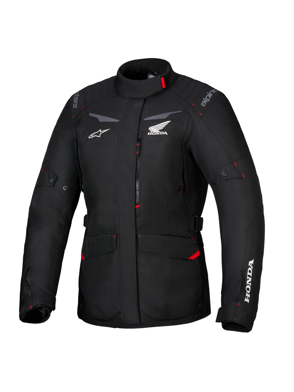 Honda Stella ST-1 WP Jacke, wasserdichte Damen-Tourenjacke, Schwarz mit roten Akzenten und weißen Honda-Logos, hoher Kragen, Frontreißverschluss, erweiterbare Cargotaschen, strapazierfähige Textil-Adventure-Ausrüstung