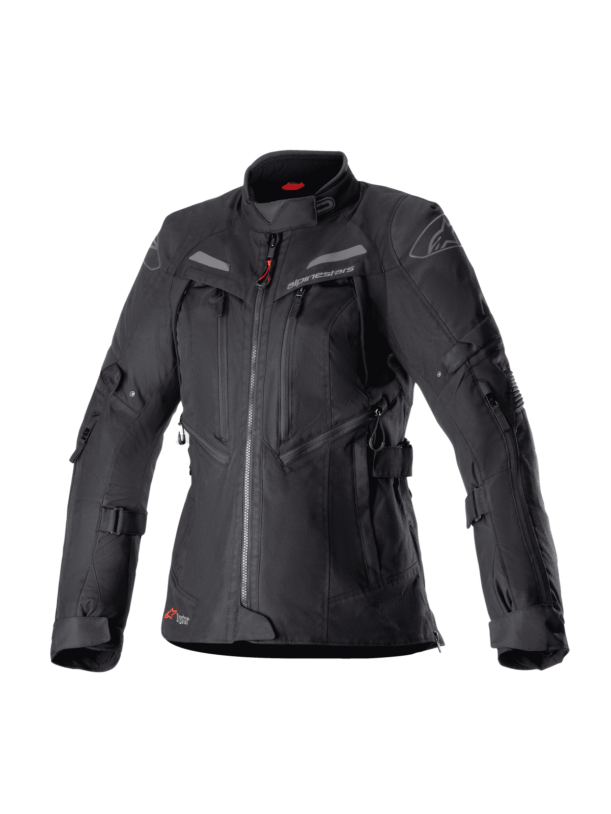 Alpinestars Women Stella Bogota Pro Drystar Jacket, Black adventure touring motorcycle jacket, waterproof textile construction with multiple front zippers and ventilation panels, adjustable straps on sleeves and waist, subtle red accents and Alpinestars branding.