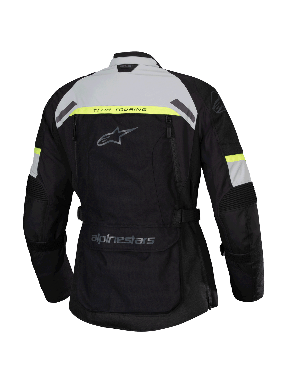 Alpinestars Stella Bogota' Pro Drystar® Jacket, Rear View, Black with Ice Gray and Yellow Fluo highlights, Women's Adventure Touring Motorcycle Jacket featuring Tech Touring branding and a large lower back utility pocket