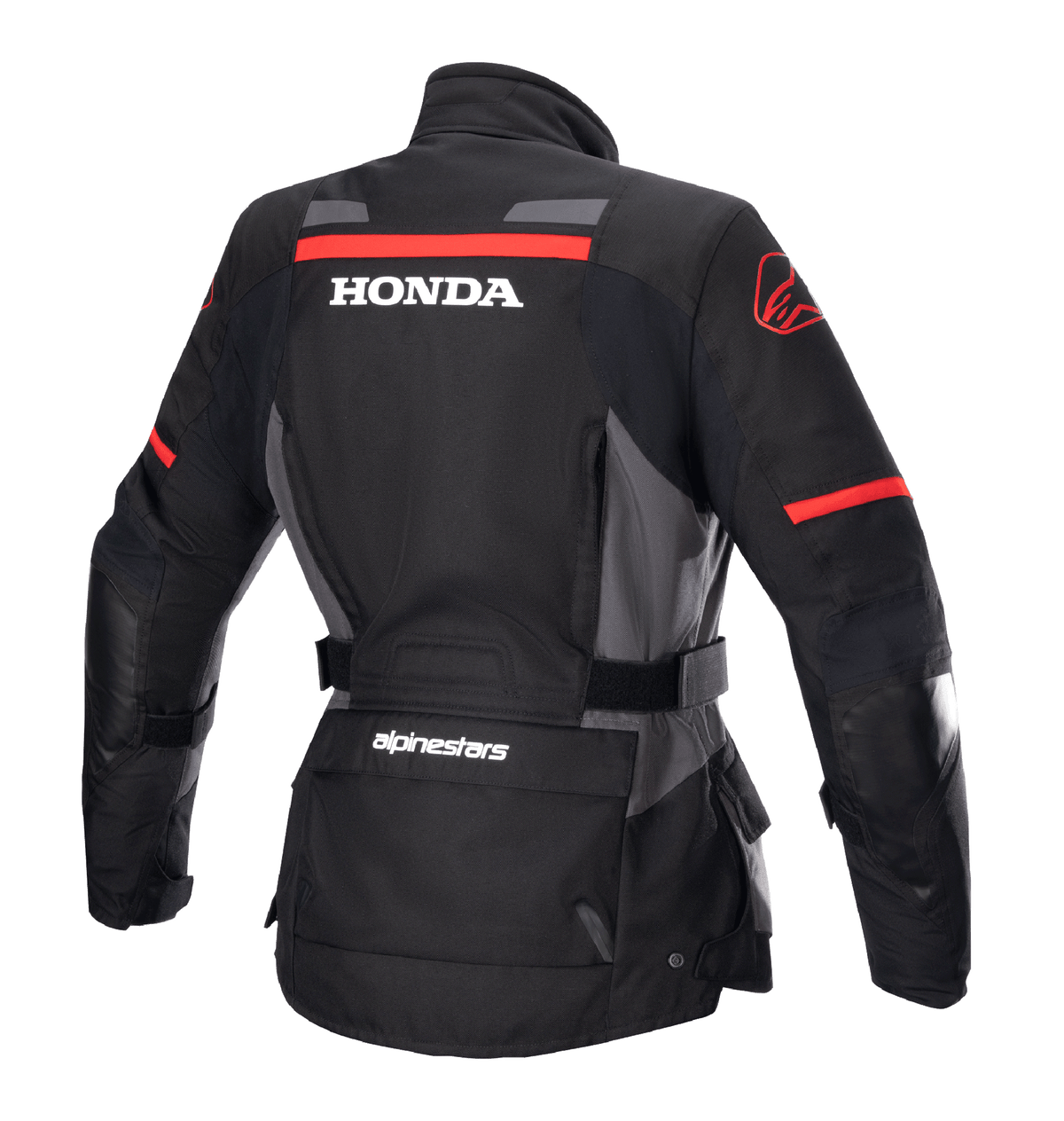 Alpinestars Stella Honda Andes V3 Drystar® Damenjacke, Motorrad-Adventure-Jacke, Schwarz, Tar Gray und Bright Red, Rückansicht mit markantem weißem HONDA-Logo und roten Alpinestars-Grafiken, wasserdichte Textilkonstruktion mit verstellbarer Taille und praktischen Taschen