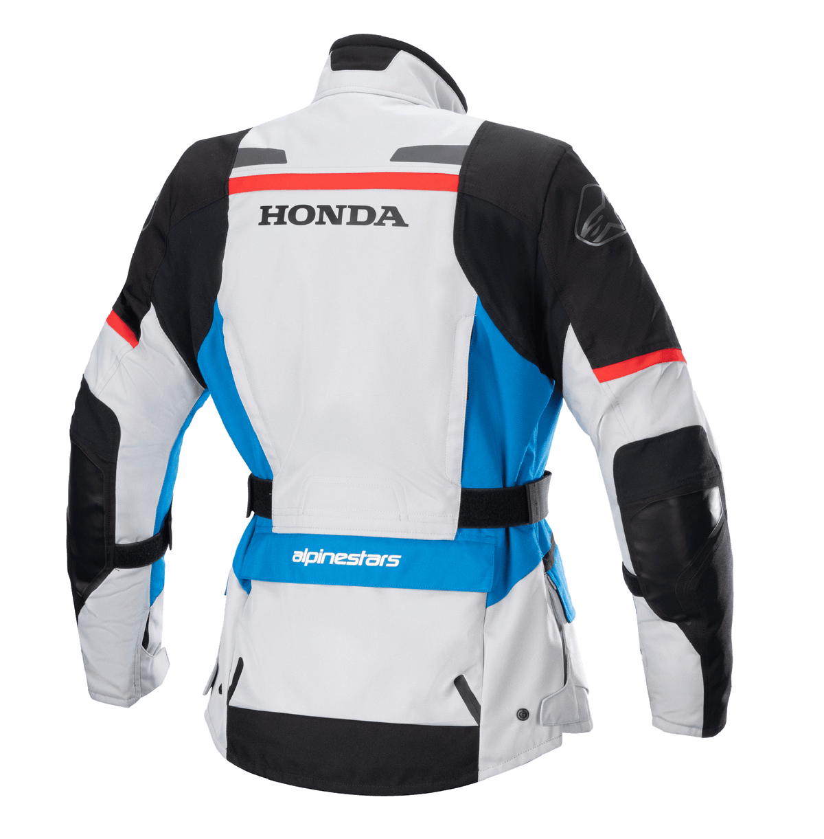 Alpinestars Stella Honda Andes V3 Drystar® Damenjacke, Rückansicht, Ice Gray mit blauen und hellroten Akzenten, markanter schwarzer HONDA-Schriftzug auf dem Rücken, Alpinestars-Logo an der Schulter und am unteren Rücken, verstellbarer Taillengürtel, Adventure-Touring-Textilmotorradjacke