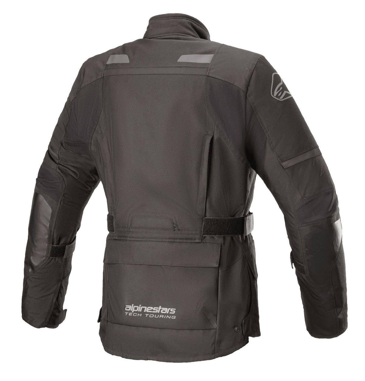 Alpinestars Damen Stella Andes V3 Drystar® Jacke, Schwarz und Dunkelgrau, Rückansicht mit wasserfester Textilkonstruktion, großer Utility-Tasche am unteren Rücken, verstellbarem Taillengurt und reflektierenden Sicherheitsakzenten.