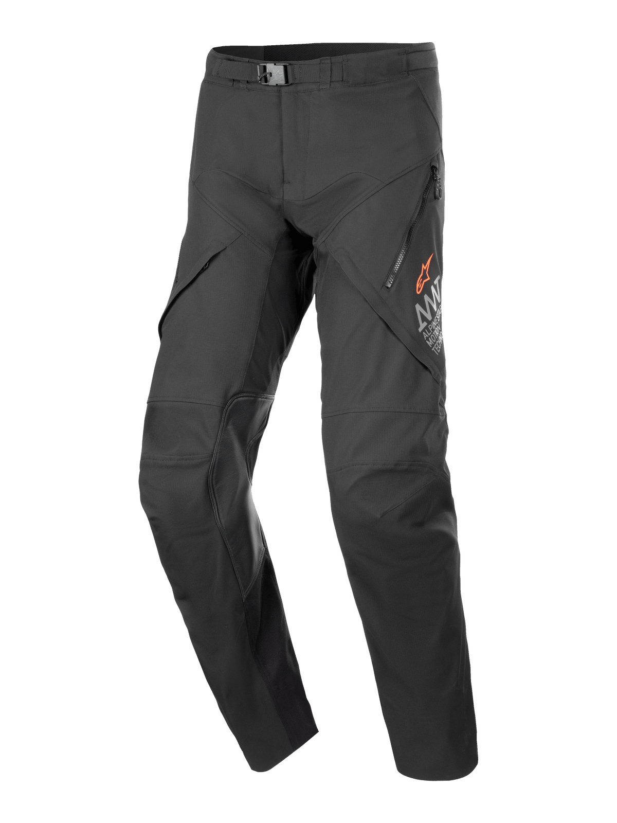 Alpinestars AMT-8 Stretch Drystar XF Hose, schwarze Motorrad-Tourenhose, Belüftungsöffnungen mit Reißverschluss am Oberschenkel, oranges Stern-Logo, verstellbare Taillenschnalle, verstärkte Kniebereiche, strapazierfähiges Stretch-Performance-Gewebe