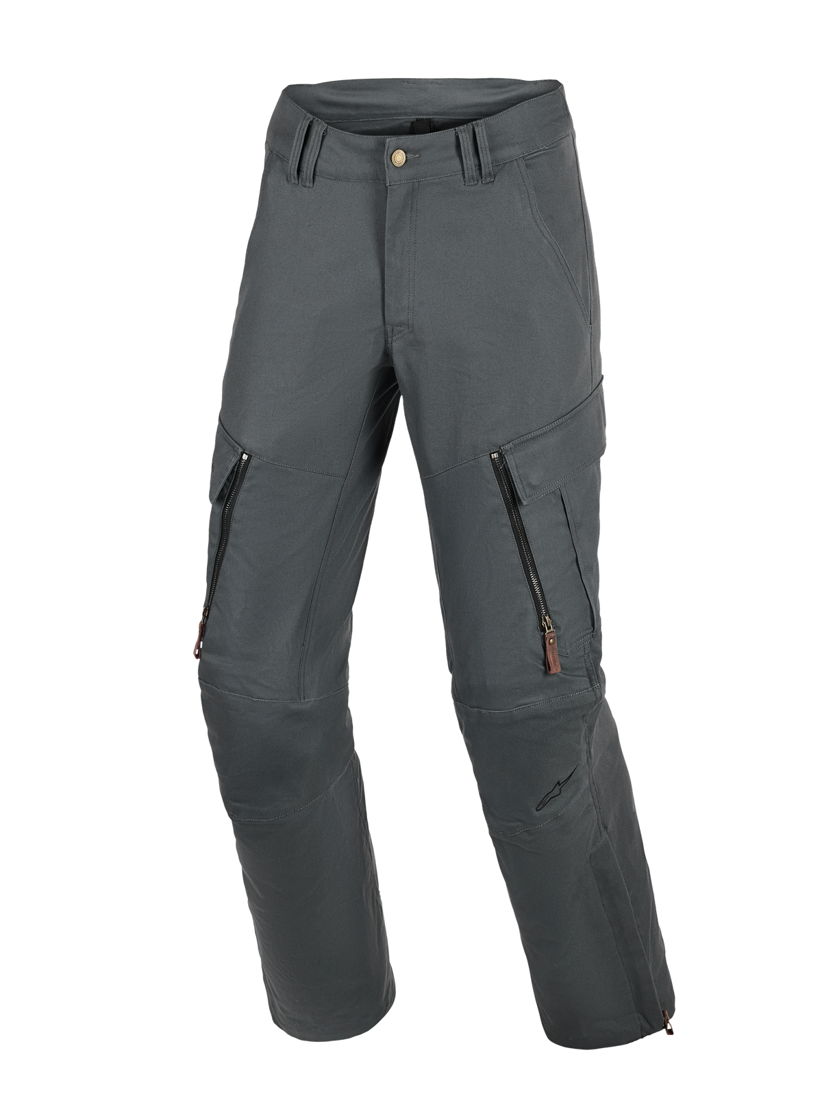 Alpinestars Borrego Drystar® Pants, Motorcycle Adventure Pants, Anthracite Gray, featuring a waxed-canvas appearance with zippered thigh vents and cargo pockets, durable textile construction with reinforced knee panels