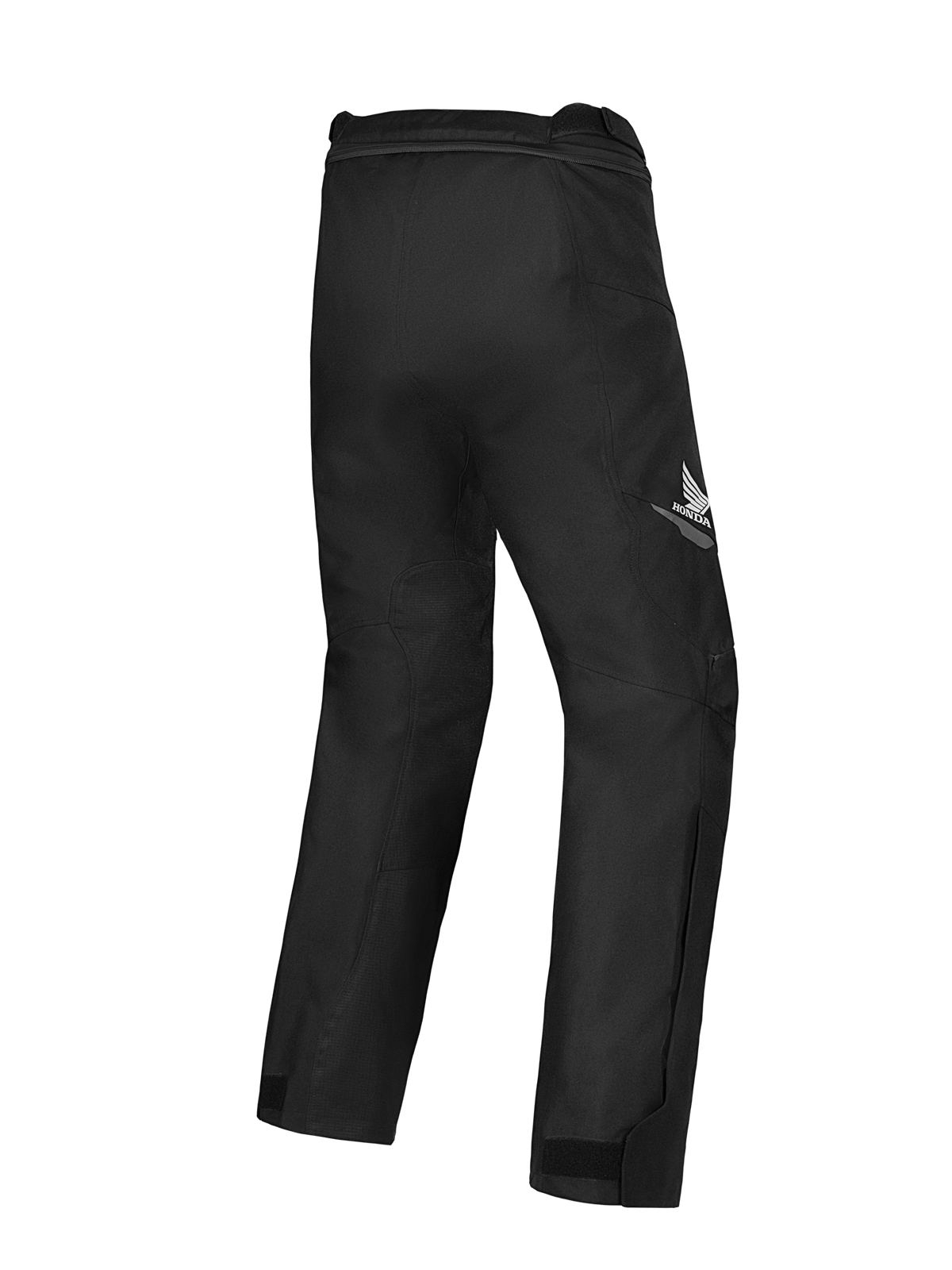Alpinestars Honda ST-1 Wasserdichte Hose, Motorrad-Tourenhose, Schwarz, Rückansicht mit Honda-Flügel-Logo am Oberschenkel, stromlinienförmiges Textildesign mit ergonomischer Bewegungsfreiheit und Verbindungsreißverschluss an der Taille.