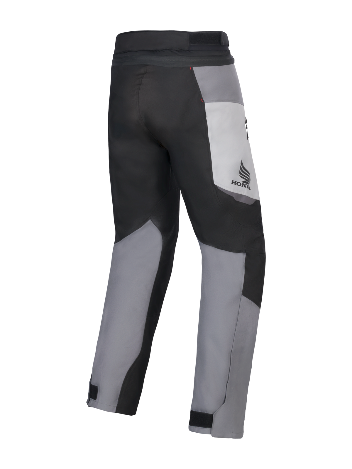 Alpinestars Honda St-1 wasserdichte Hose, Motorrad-Tourenhose, Ice Gray, Dunkelgrau und Schwarz, Rückansicht mit Multi-Panel-Textildesign, Honda-Logo am Oberschenkel und verstellbaren Knöchelverschlüssen für Fahrten bei jedem Wetter.