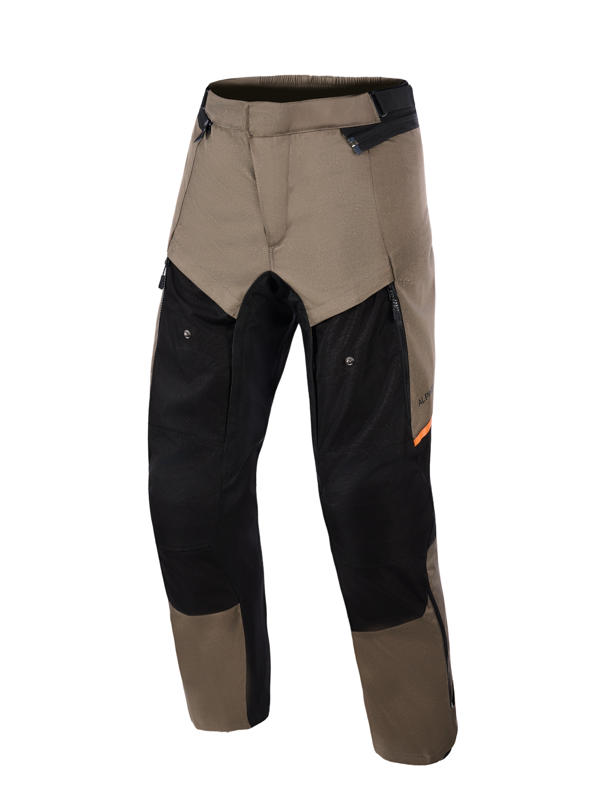 Alpinestars Cusco Drystar® Hose, Adventure-Motorradhose in Walnut Black, Vorderansicht, walnussbraune und schwarze Paneele mit orangefarbenen Akzenten, große Belüftungsöffnungen mit Reißverschluss am Oberschenkel, strapazierfähige Textilkonstruktion.