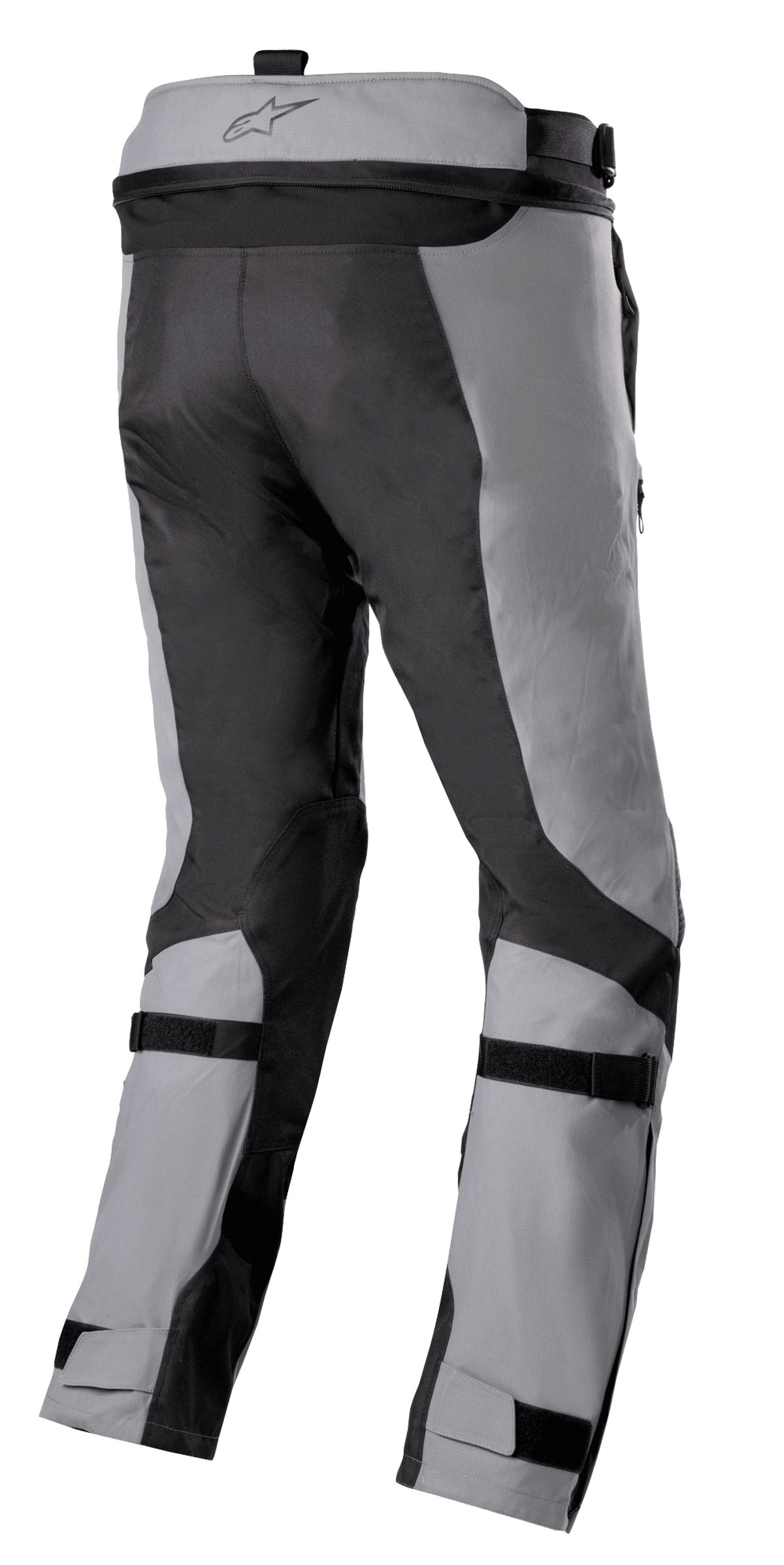 Alpinestars Bogotá Pro Drystar® 3 Seasons Hose, Adventure-Touren-Motorradhose, Dunkelgrau und Hellgrau, Rückansicht mit verstellbaren Waden- und Knöchelriemen, Taillenverbindungsreißverschluss und strapazierfähigen Ripstop-Textileinsätzen.