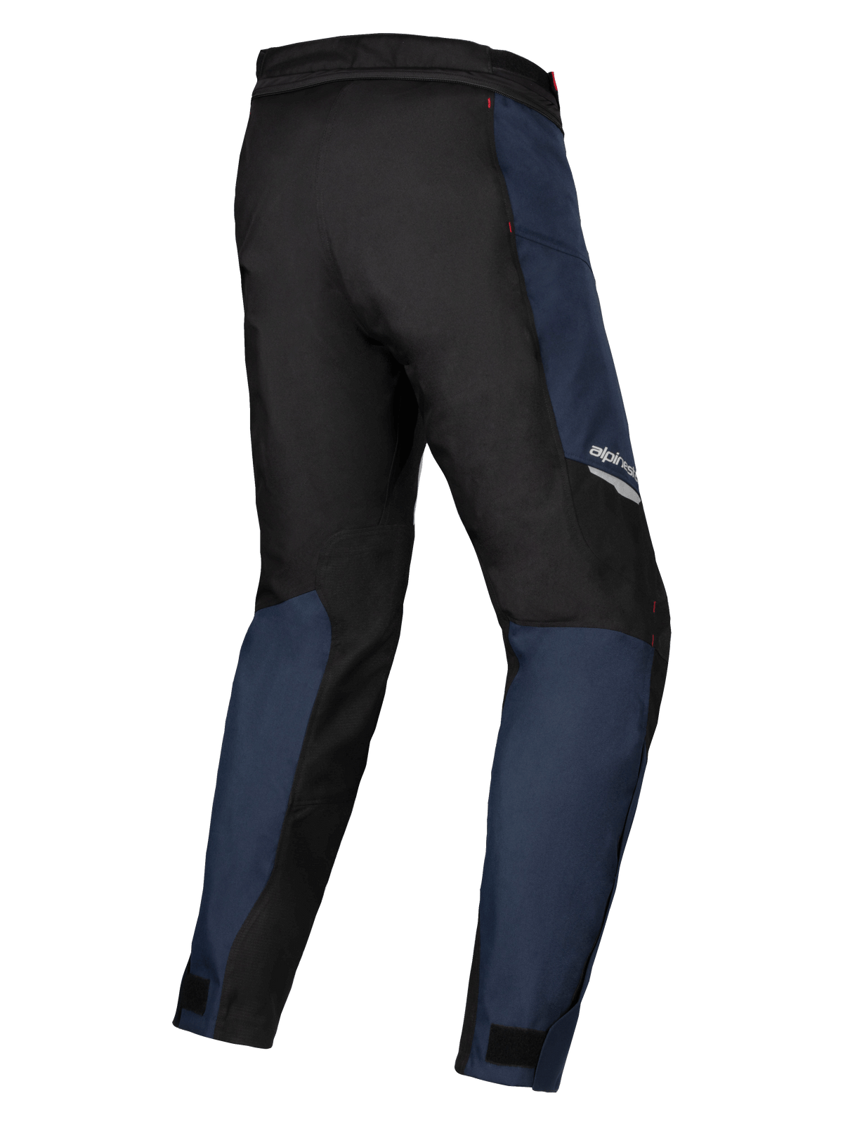 Alpinestars Stella ST-1 Wasserdichte Hose, Textilhose in Dunkelblau und Schwarz mit hellroten Akzenten, Dreiviertel-Rückansicht zur Hervorhebung der strapazierfähigen Konstruktion und ergonomischen Passform für Damen-Adventure-Touring