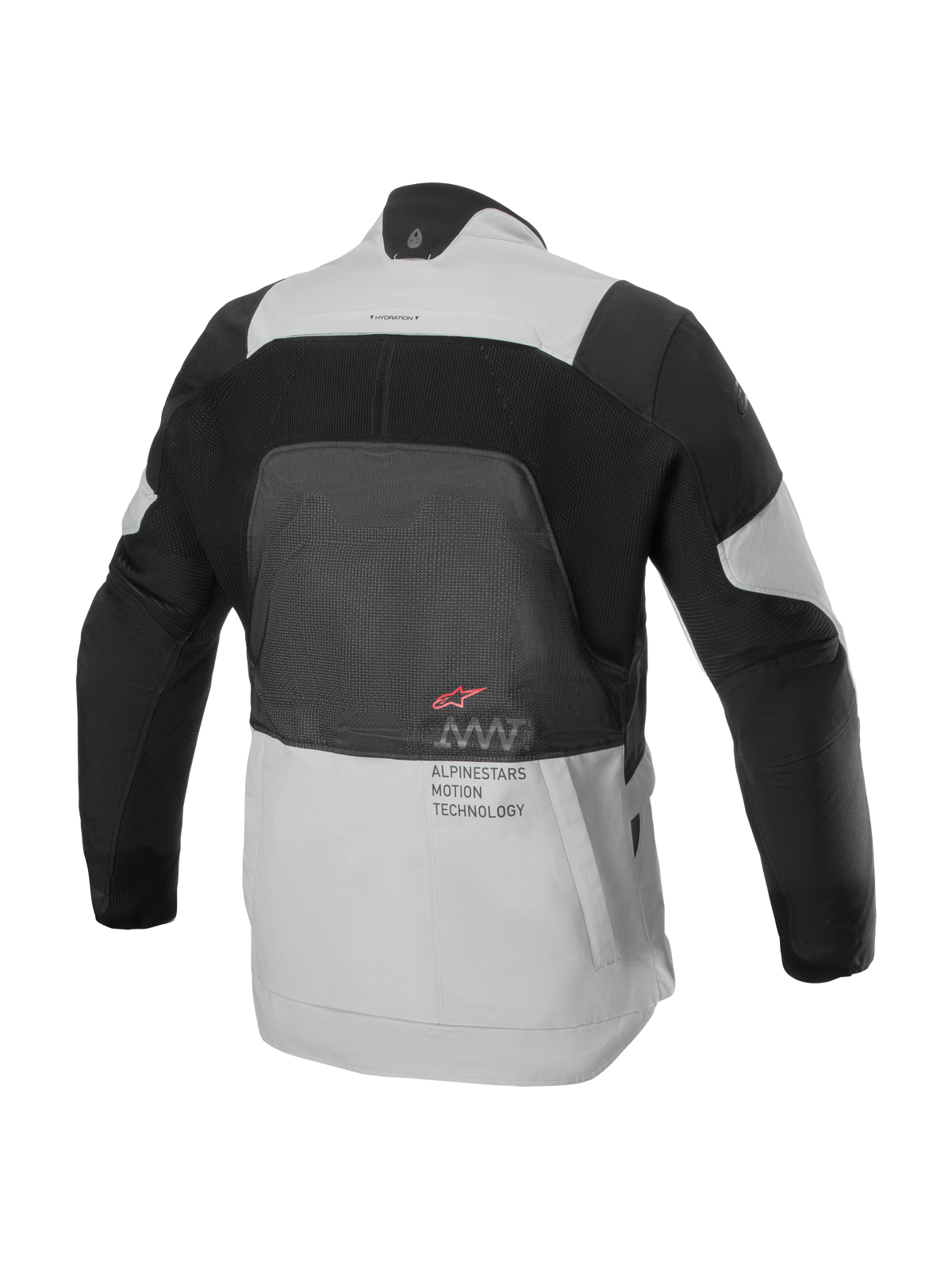 Alpinestars AMT-7 Air Jacke, Rückansicht, Tan und Dark Shadow, technische Motorradjacke mit großem MATRYX®-Mesh-Einsatz am Rücken, „Alpinestars Motion Technology“-Schriftzug und rotem Logo, konzipiert für Sommer-Adventure-Touring