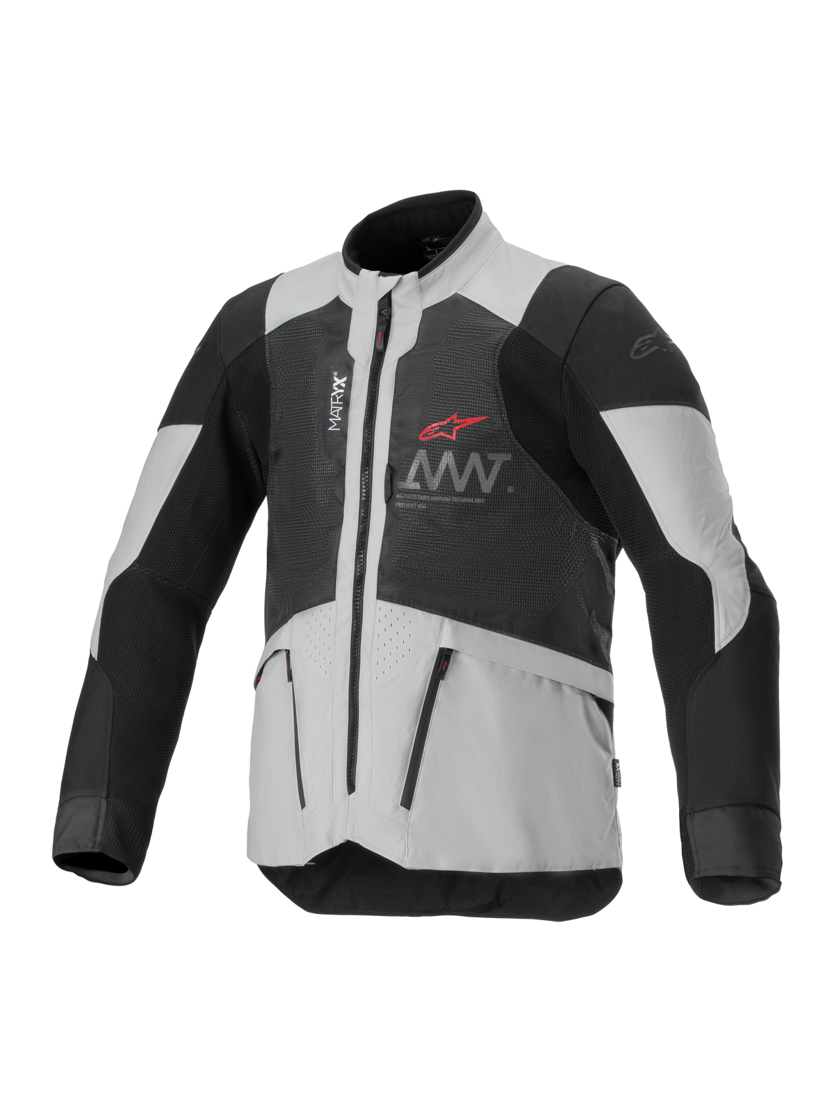 Alpinestars AMT-7 Air Jacke, belüftete Motorradjacke, Schwarz und Weiß, mit MATRYX-Belüftungspanels, Reißverschlusstaschen und hohem Kragen, sportliches Design mit rotem Alpinestars-Logo