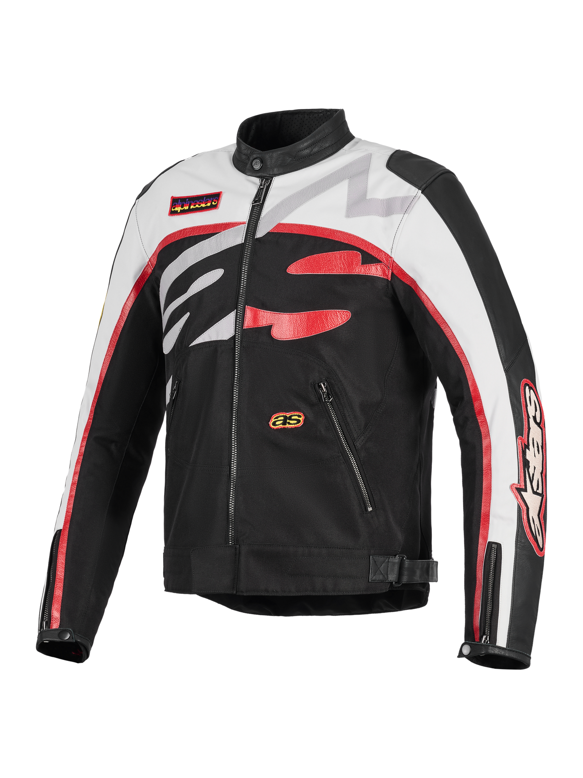 Alpinestars Axton Jacke, Motorradjacke, Schwarz, Off-White und Bright Red, von Vintage-Rennsport inspiriertes Design mit auffälligem, umlaufendem Alpinestars-Logo, Konstruktion aus Textil und Leder, Reißverschlusstaschen und Biker-Kragen