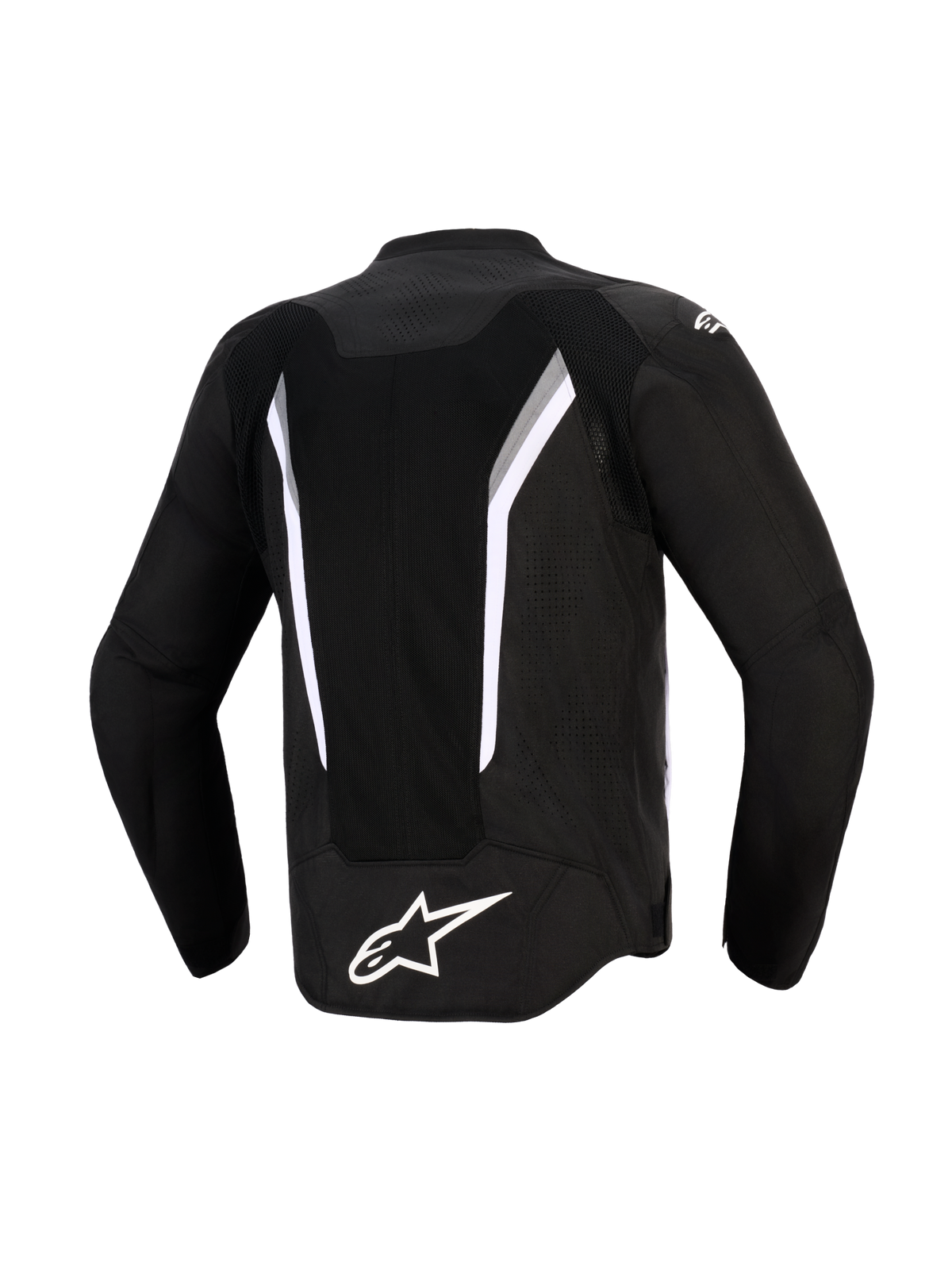 Alpinestars AST V3 Air Jacke, Rückansicht, Schwarz mit weißen und dunkelgrauen Akzenten, mit einem großen Mesh-Belüftungseinsatz, einem weißen Alpinestars-Logo am unteren Rücken und laserperforierten Zonen, technische Motorradjacke mit Sport-Passform