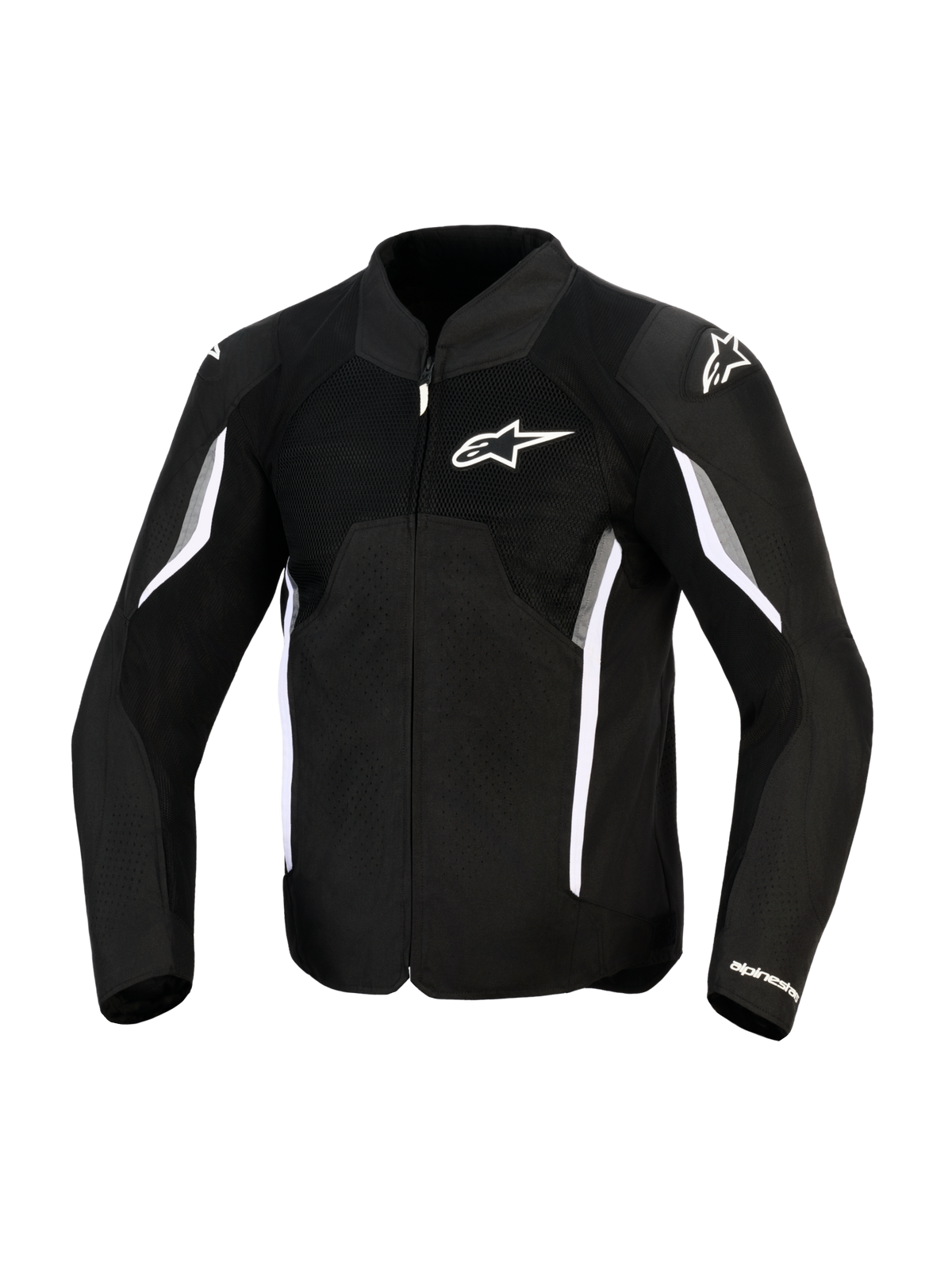 Alpinestars AST V3 Air Jacke, Motorradjacke, Schwarz, Dunkelgrau und Weiß, Vorderansicht mit Mesh-Belüftungseinsätzen, weißes Alpinestars-Logo auf der Brust und Schulterschleifern, sportliches Design mit weißen und grauen Akzenten an den Ärmeln