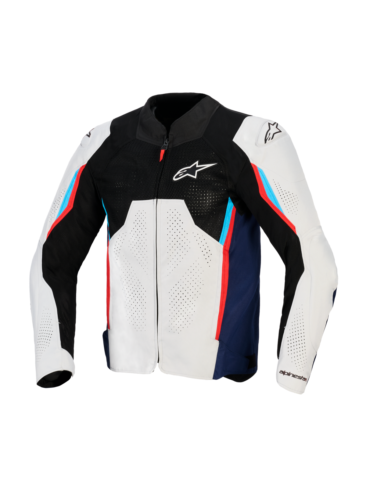 Alpinestars AST V3 Air Jacket, Motorcycle Racing Jacket, Silver Deep Blue and Bright Red, front view featuring black tech mesh upper, laser-perforated textile panels, and external DFS shoulder sliders, sport-fit warm-weather design.