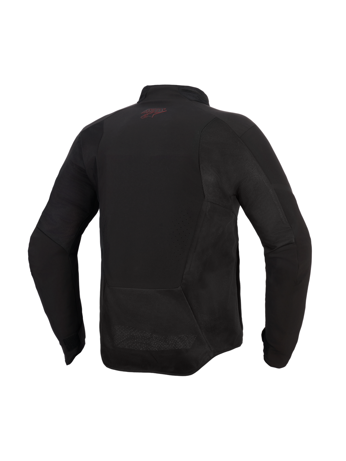 Alpinestars Aeroshell Airflow Jacke, Motorradjacke, Schwarz Anthrazit, Rückansicht mit Mesh-Panels und laserperforierten Belüftungszonen, verlängerte Rückenpartie für optimale Abdeckung beim Fahren, kleines rotes Logo im Nacken, leichtes Softshell-Design im sportlichen Schnitt