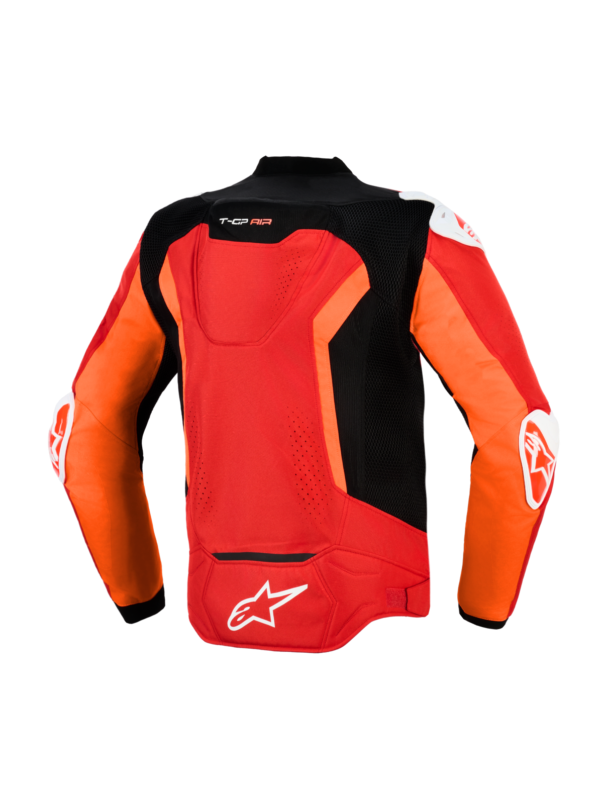 Alpinestars T-GP Air Jacket, Back View, Bright Red Red Fluo and Black, Textile Sport Motorcycle Jacket featuring laser-perforated mesh panels, Supertech R10 aero hump, external DFS shoulder and elbow sliders, and white Alpinestars branding on the lower back.