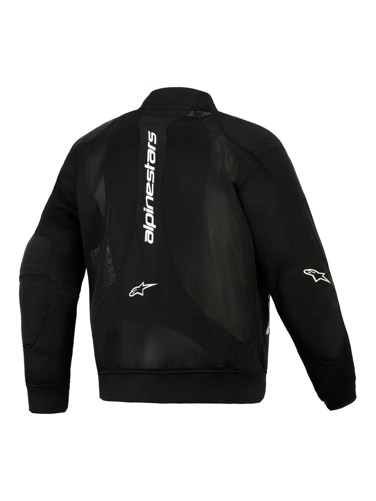 Alpinestars Flight Air Jacke, Schwarz, Rückansicht, Urbane Motorradjacke im Bomber-Stil, erweiterte 3D-Mesh-Einsätze, weißes vertikales Branding auf dem Rücken, Astar-Logos an den Ellbogen, gerippte Stretch-Strickbündchen an Ärmeln und Saum.
