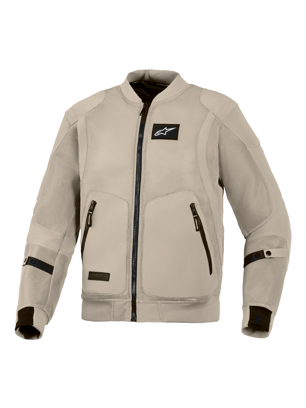 Alpinestars Flight Air Jacke, Motorradjacke in Aluminum Grey, urbane Fahrausrüstung im Bomber-Stil mit erweiterten 3D-Mesh-Einsätzen für maximale Belüftung, schwarzem Alpinestars-Logo auf der Brust und zwei vorderen Reißverschlusstaschen.