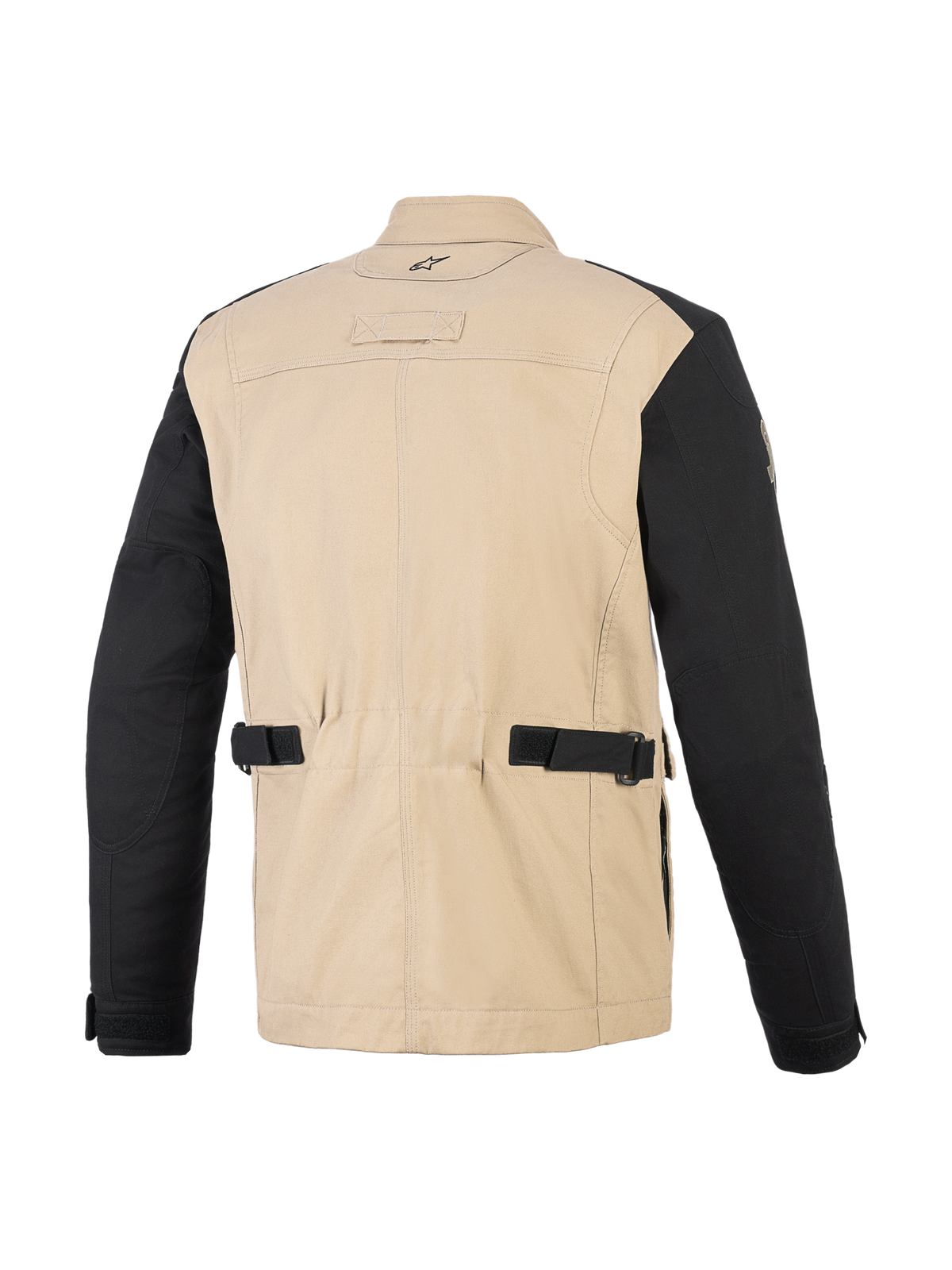 Alpinestars Dice Jacket, Urban Motorcycle Jacket, Aluminum Black, rear view showing tan polycotton body and black sleeves, featuring waist adjustment straps, pleated shoulder panels, and workwear-inspired design