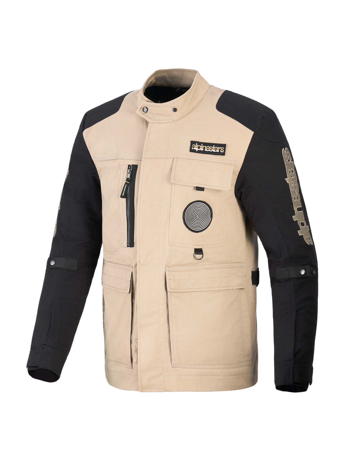 Alpinestars Dice Jacket, Urban Motorcycle Jacket, Tan and Black, workwear-inspired design with four front utility pockets and logo patches, rugged textile construction for street performance