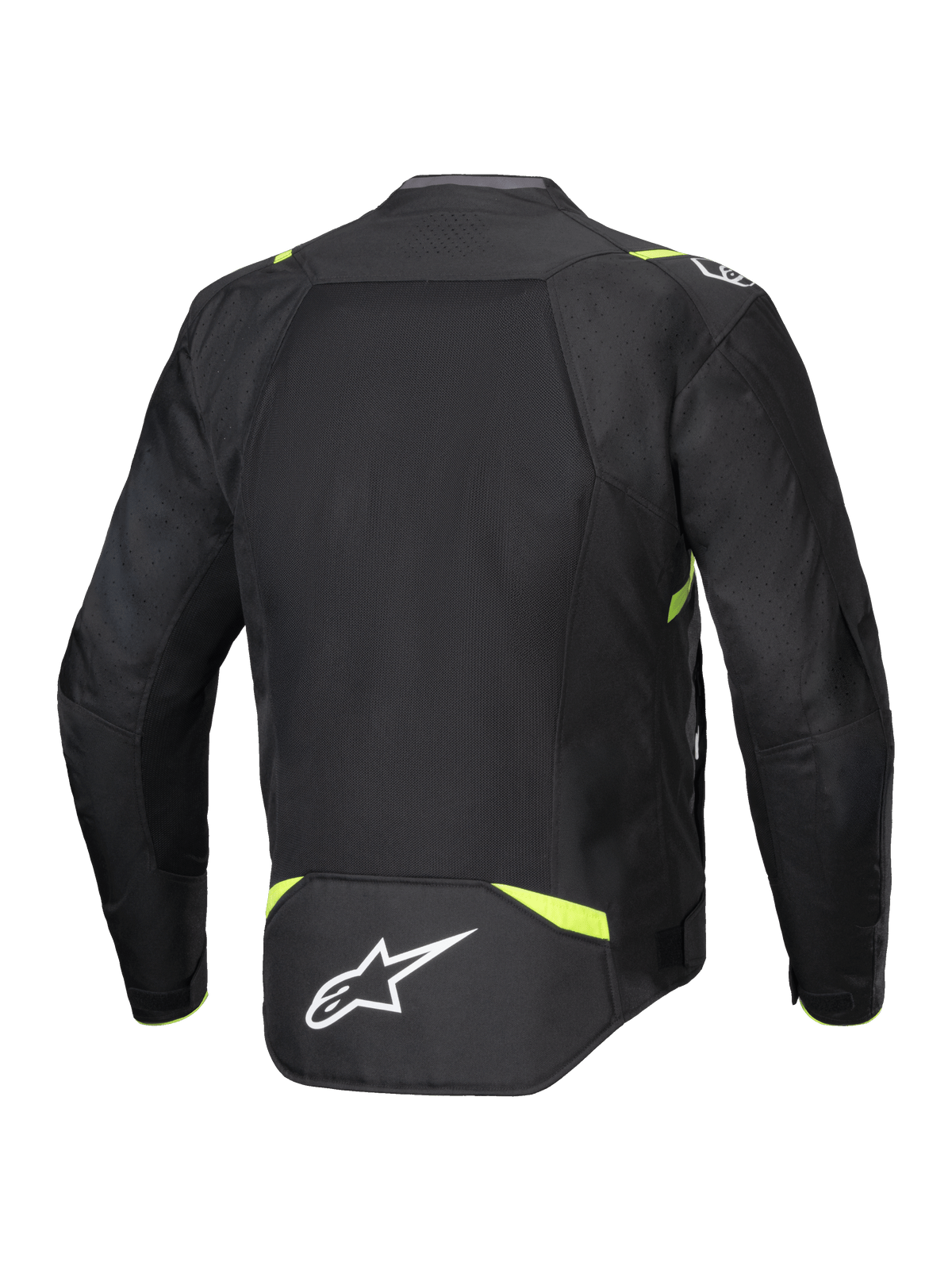Alpinestars T-SPS Air V2 Jacke, Textil-Motorradjacke, Schwarz und Gelb Fluo, Rückansicht mit großen Mesh-Einsätzen für optimale Belüftung, neongelbe Akzente an Schultern und Taille, weißes Alpinestars-Logo am unteren Rücken