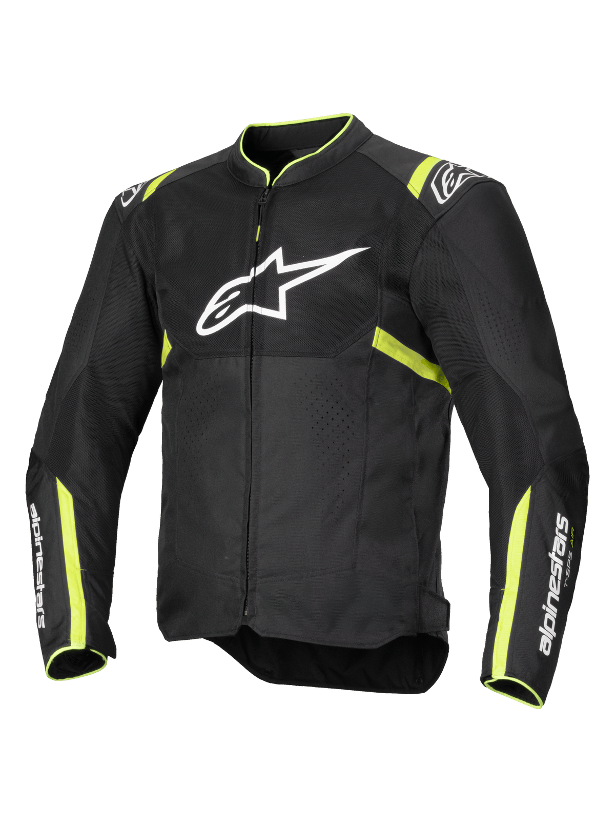 Alpinestars T-Sps Air V2 Jacke, Motorradjacke, Schwarz und Gelb Fluo, mit großem weißem Brustlogo, Mesh-Einsätzen zur Belüftung, fluoreszierenden gelben Akzenten an Schultern und Ärmeln, sportliches Textildesign