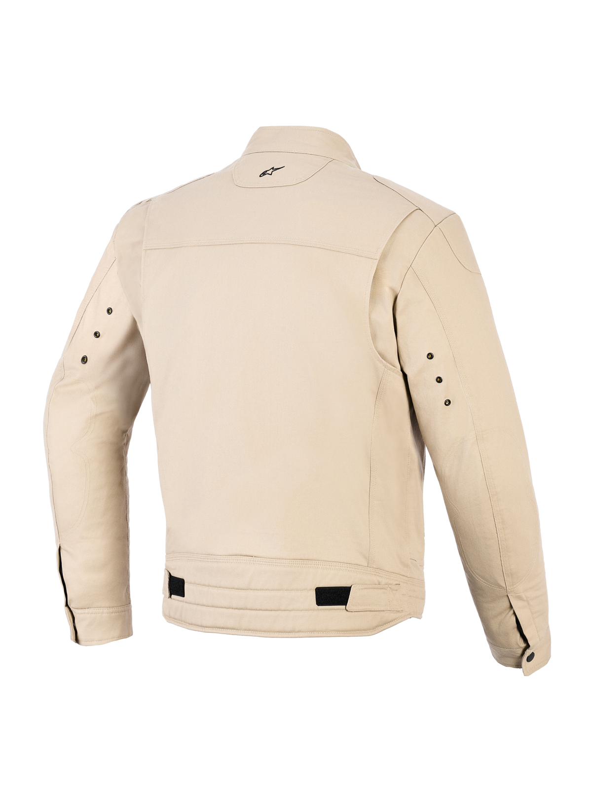 Alpinestars Bruiser Jacke, urbane Motorradjacke, Farbe Aluminum, Rückansicht mit plissierten Schulterpartien, verstellbaren Taillenriemen mit schwarzen Laschen, kleinem bestickten Logo im Nacken und Metallösen an der Rückseite der Ärmel.