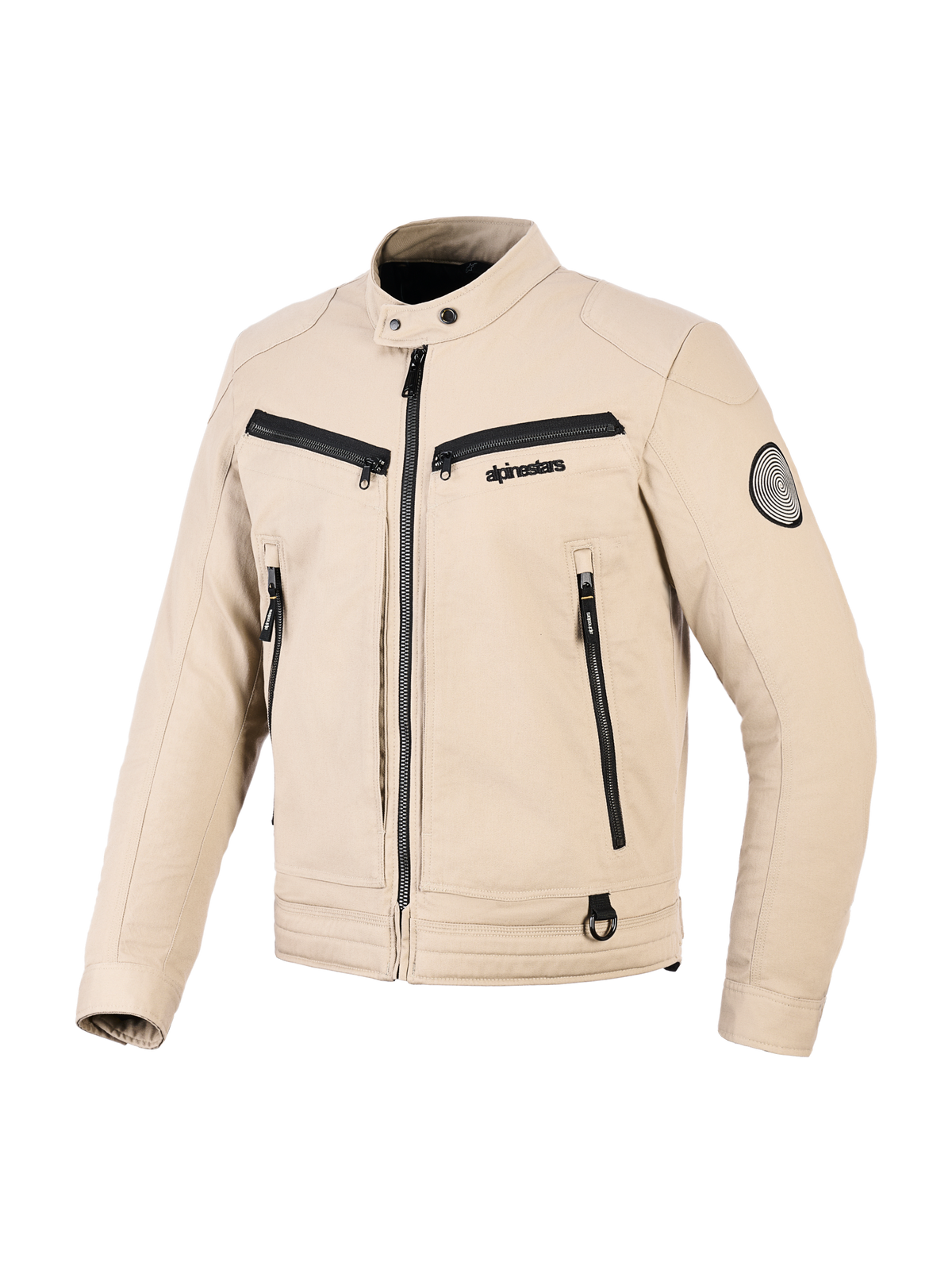 Alpinestars Bruiser Jacke, Urbane Motorradjacke, Beige, Textilkonstruktion mit schwarzen Reißverschluss-Akzenten, Druckknopfkragen, mehrere funktionale Taschen, runder Logo-Aufnäher am Ärmel, modernes, von Arbeitskleidung inspiriertes Design