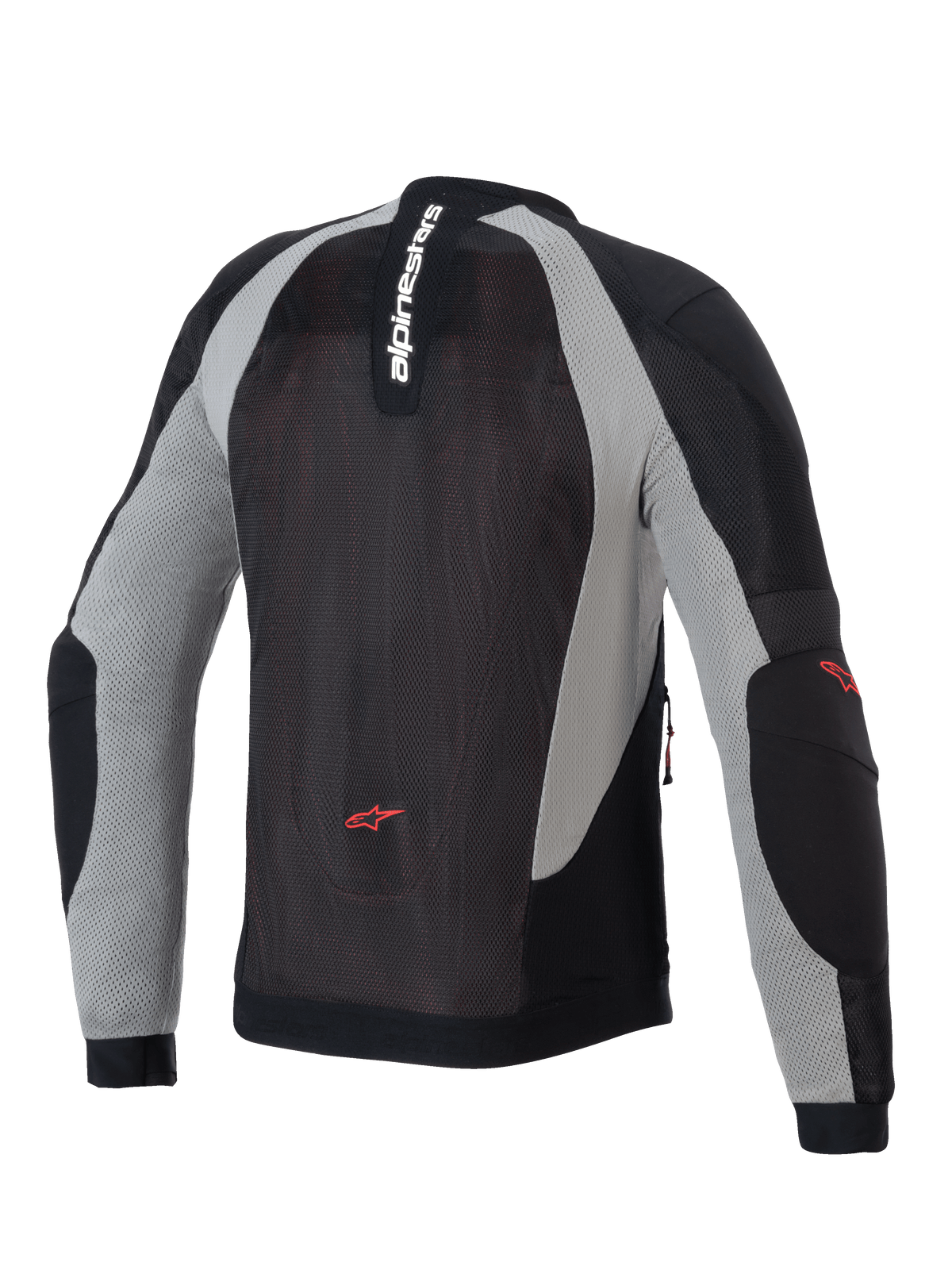 Alpinestars Troop-Air Jacke, Motorrad-Air-Jacke, Schwarz, Ash Gray und leuchtendes Rot, Rückansicht mit technischer Mesh-Konstruktion, vertikales Alpinestars-Branding am Kragen, rote Stern-Logos am unteren Rücken und an den Ellbogen.