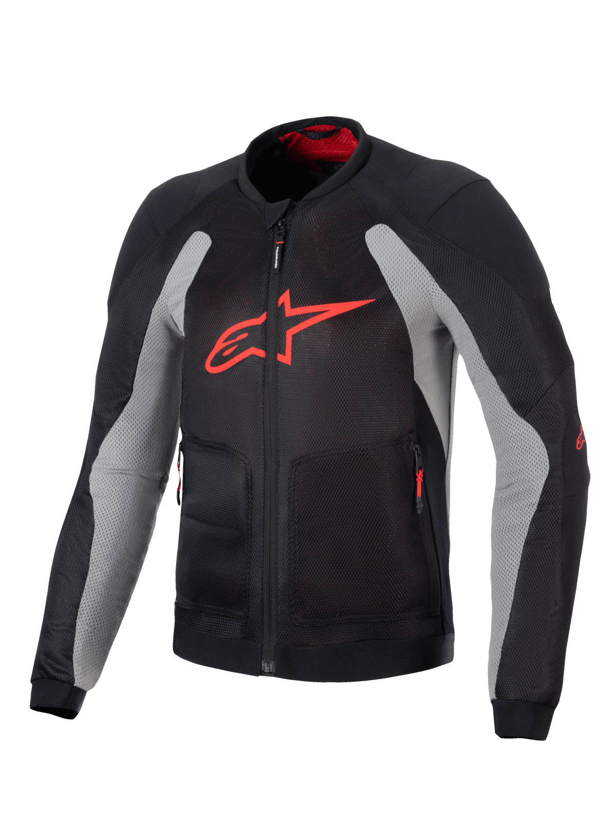 Alpinestars Troop-Air Jacke, technische Motorrad-Luftjacke, Schwarz und Aschegrau mit leuchtendem Rot, mit einem großen roten A-Star-Logo auf der Brust, Mesh-Konstruktion für Luftzirkulation und technischem Fahrdesign.