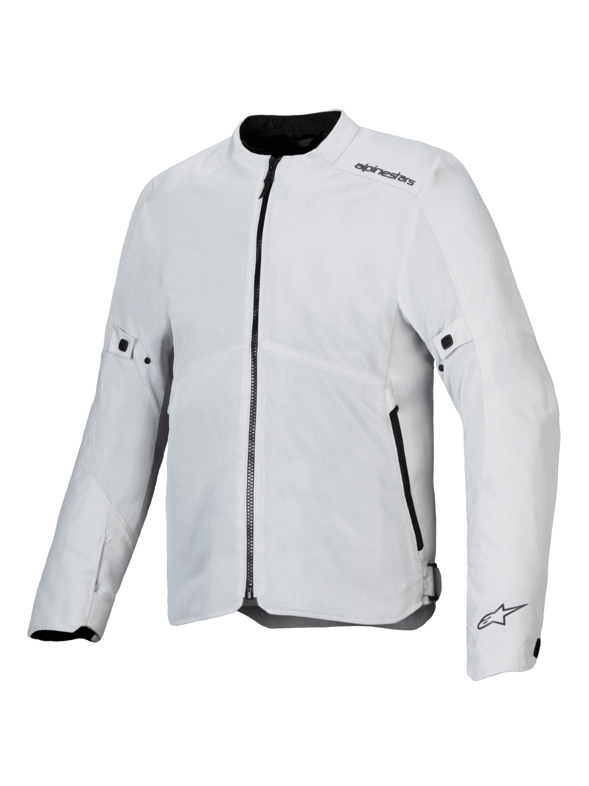 Alpinestars C-1 Air Jacke, Motorradjacke, Silber, leichte Textilkonstruktion mit Tech-Mesh-Einsätzen, Frontansicht mit zentralem schwarzem Reißverschluss und Seitentaschen, Alpinestars-Logos an der Schulter und am Ärmelbündchen, urbaner Pendler-Stil