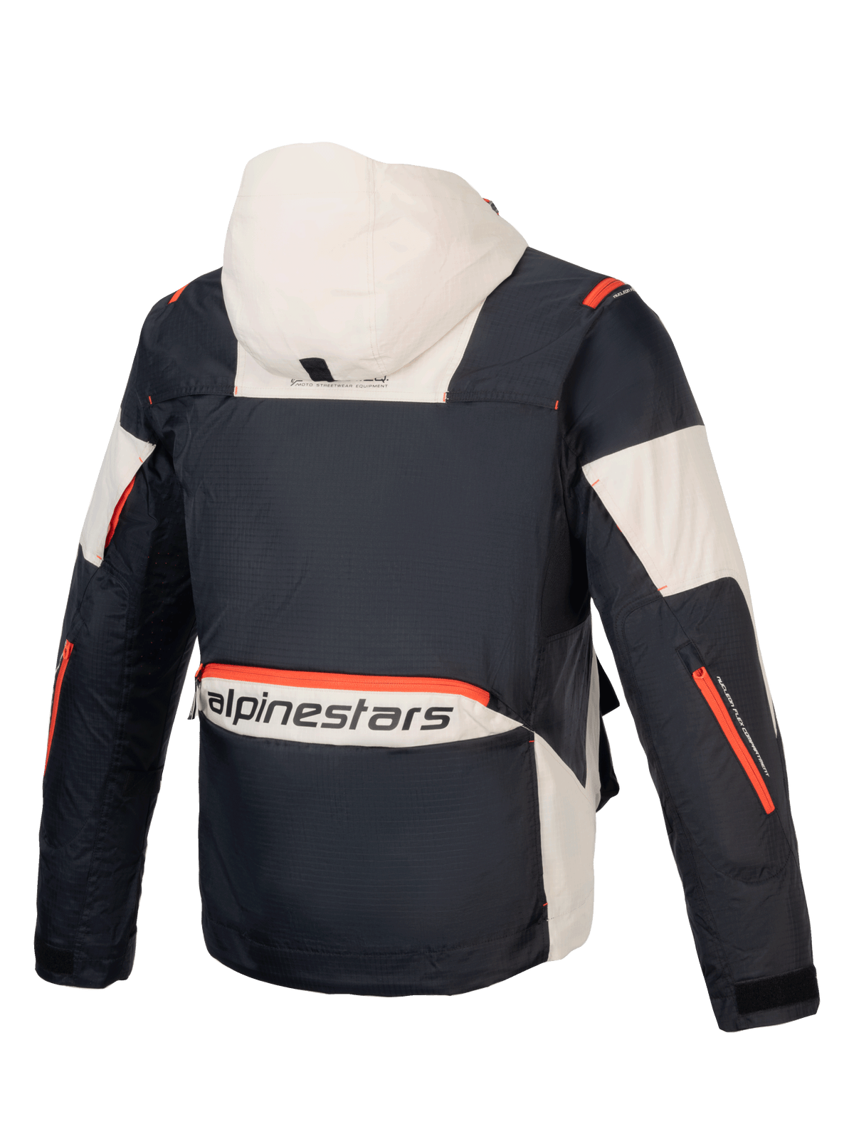 Alpinestars Mogress Air Jacke, Urban-Motorradjacke für Herren, Schwarz und Mandel, orange Akzente, Ripstop-Textil, Rückansicht.