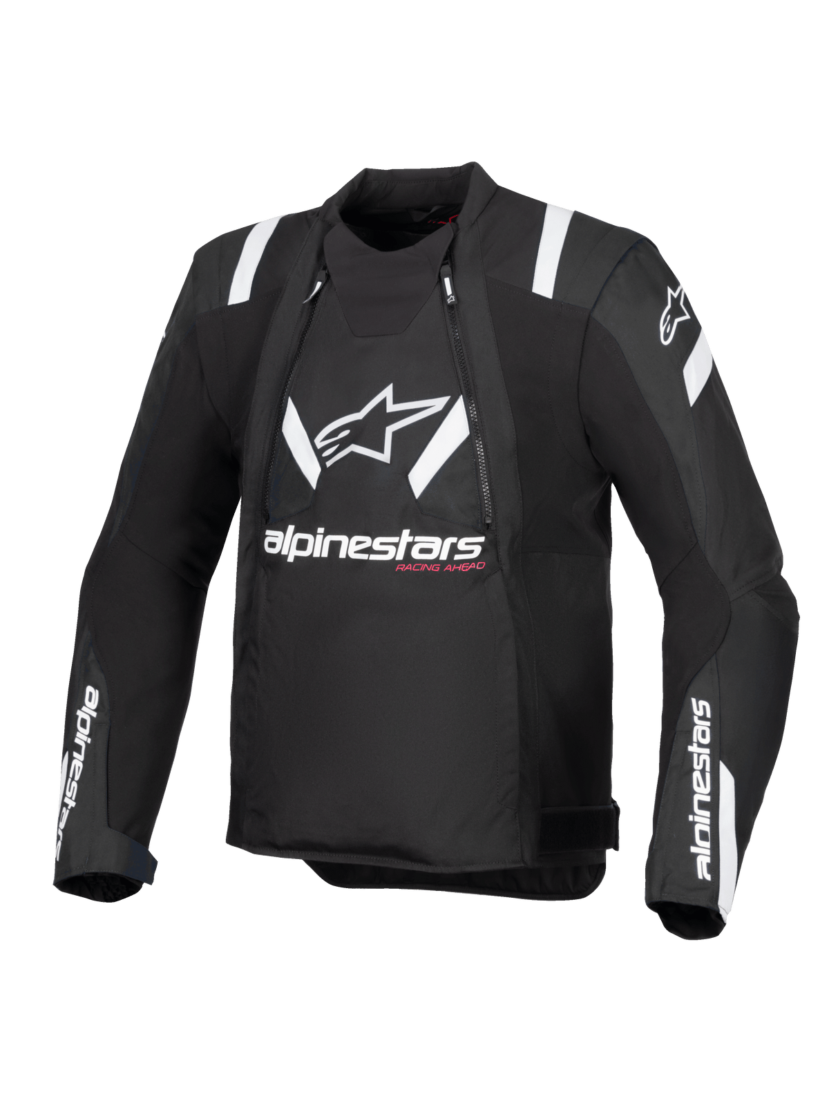 Alpinestars T-Stunt Air Jacke, Schwarz und Weiß, Vorderansicht einer sportlich geschnittenen Motorradjacke, mit großem weißem Alpinestars-Logo und Schriftzug auf der Brust, weißen Akzenten an den Schultern und Mesh-Einsätzen für modulare Belüftung