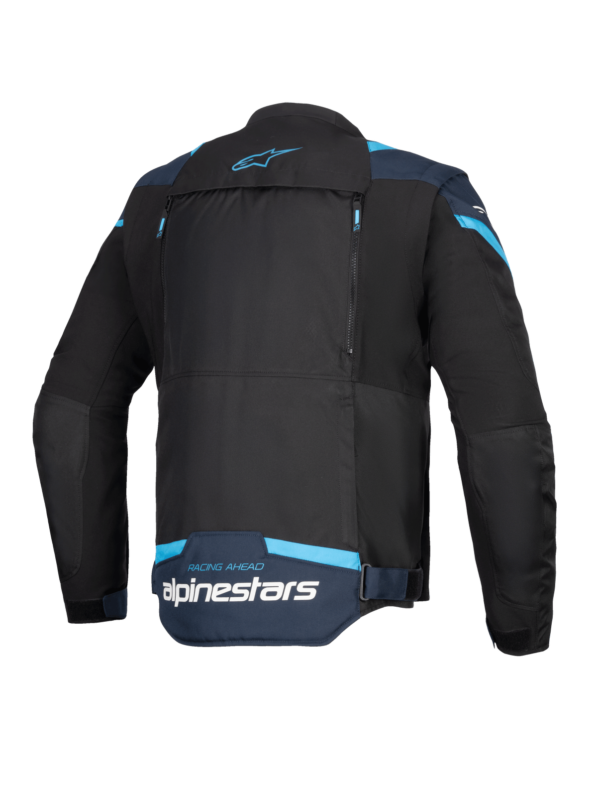 Alpinestars T-Stunt Air Jacke, Motorradjacke, Schwarz, Dunkelblau und Hellblau, Rückansicht mit großem modularem Rückenteil mit Reißverschlüssen, Alpinestars-Branding und „Racing Ahead“-Schriftzug am unteren Rücken.