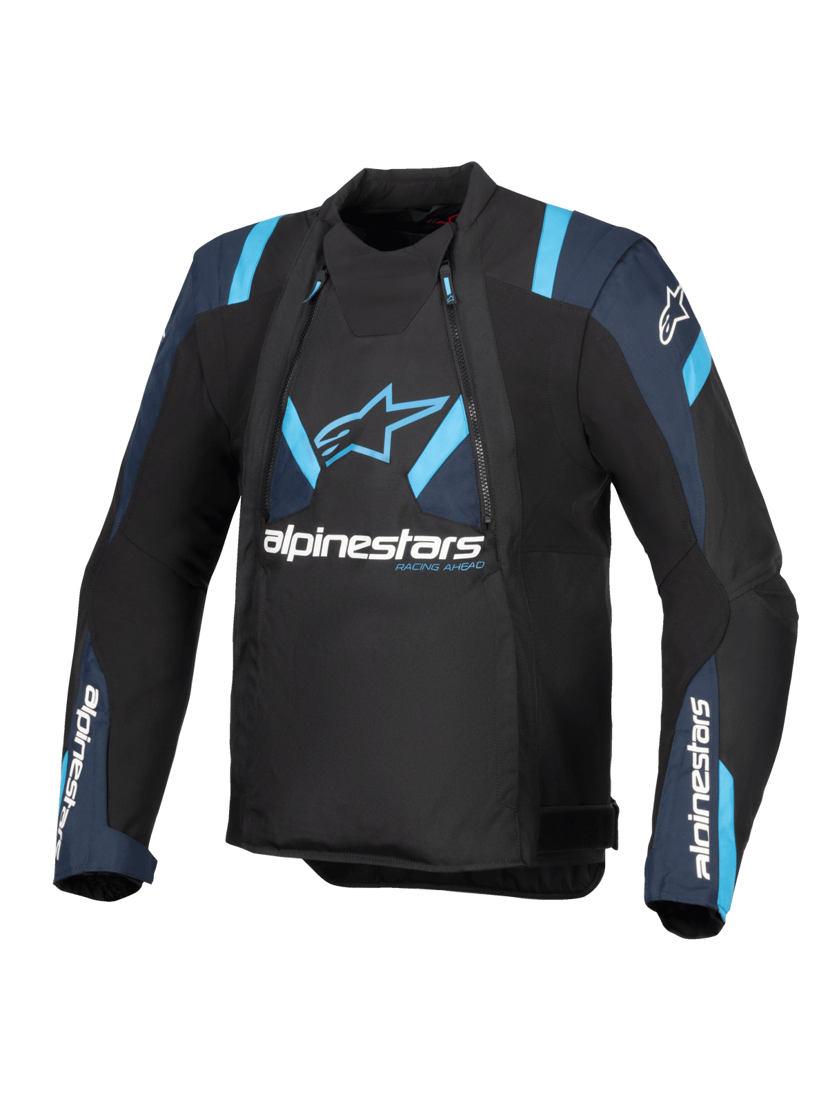 Alpinestars T-Stunt Air Jacke, Schwarz mit dunkelblauen und leuchtend blauen Akzenten, Textil-Motorradjacke mit modularen Mesh-Einsätzen, Alpinestars-Branding auf der Brust und den Ärmeln, schlankes Design im sportlichen Schnitt