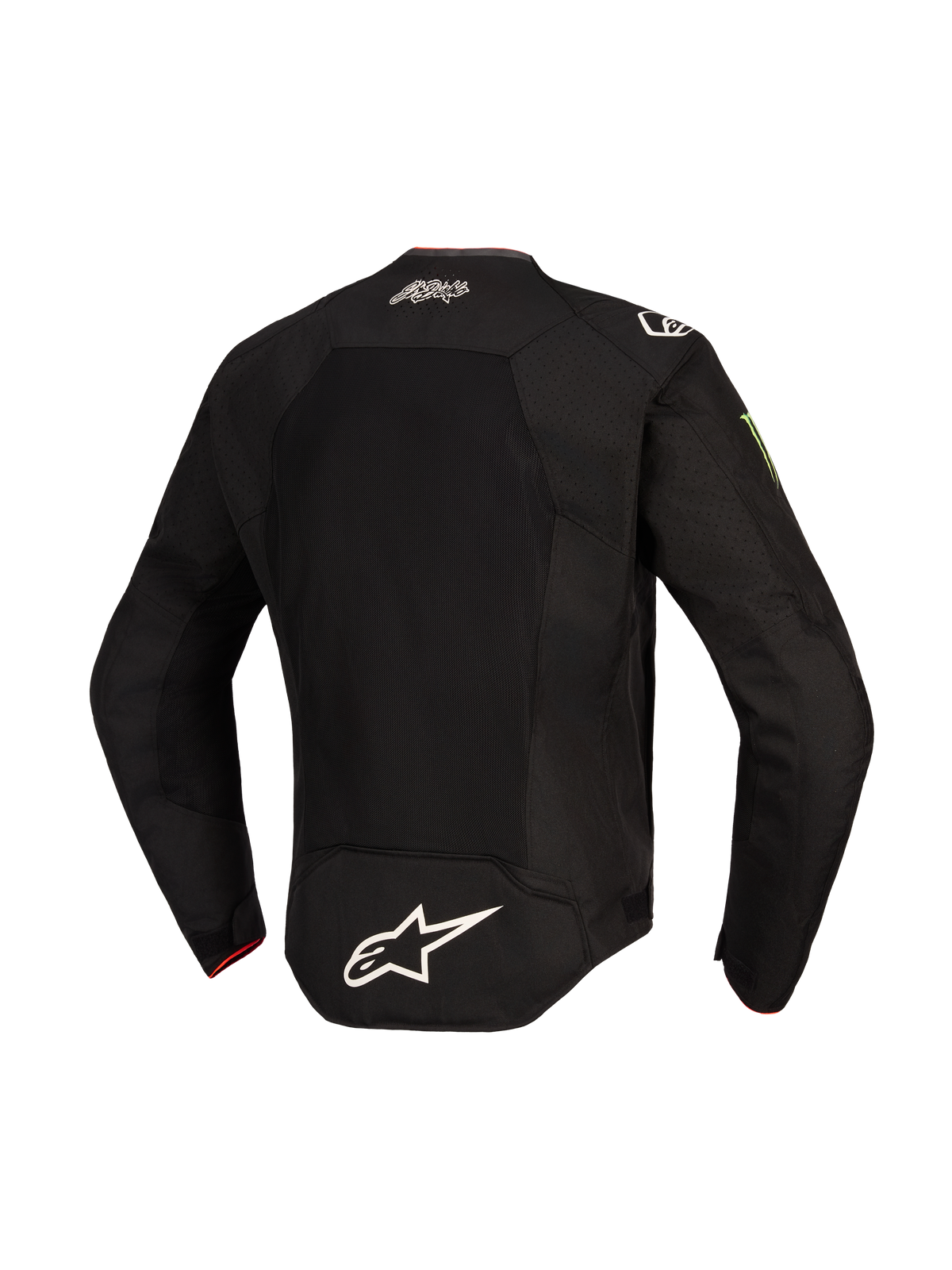 Alpinestars FQ20 T-SPS Air V2 Monster Jacke, Rückansicht, Schwarz, mit großem Mesh-Belüftungspanel, weißem Alpinestars-Logo auf dem unteren Rücken, El Diablo-Schriftzug auf dem oberen Rücken und Monster Energy-Logo am Ärmel, Textil-Motorradjacke für sportliches Fahren