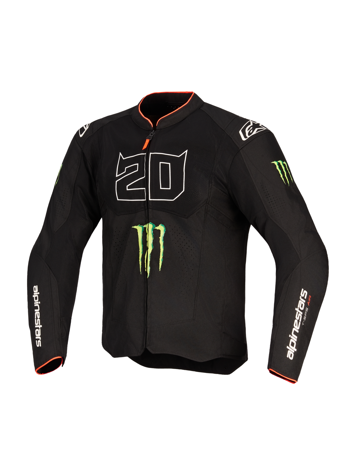 Alpinestars FQ20 T-SPS Air V2 Monster Jacke, Textil-Motorradjacke, Schwarz mit großer weißer '20' Grafik, grünen Monster Energy Krallen-Logos und rotem Besatz an Kragen und Ärmelbündchen, Mesh-Einsätze zur Belüftung, Alpinestars-Branding auf den Ärmeln, Performance-Passform für sportliches Fahren.