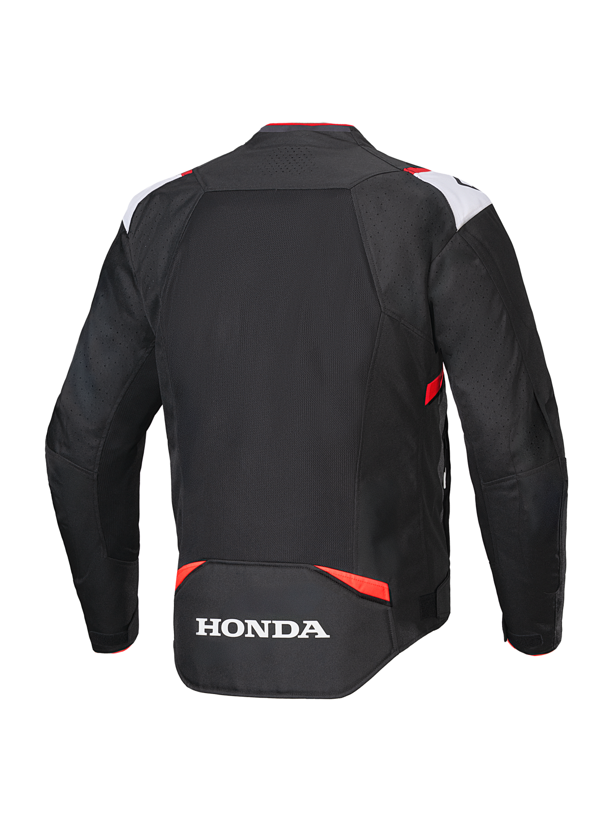 Alpinestars Honda T-SPS Air V2 Jacke, Textil-Motorradjacke, Schwarz, Weiß und leuchtendes Rot, Rückansicht mit großem Mesh-Panel für Luftzirkulation und weißem Honda-Logo auf dem unteren Rücken, sportliches Design für sommerliche Stadtfahrten