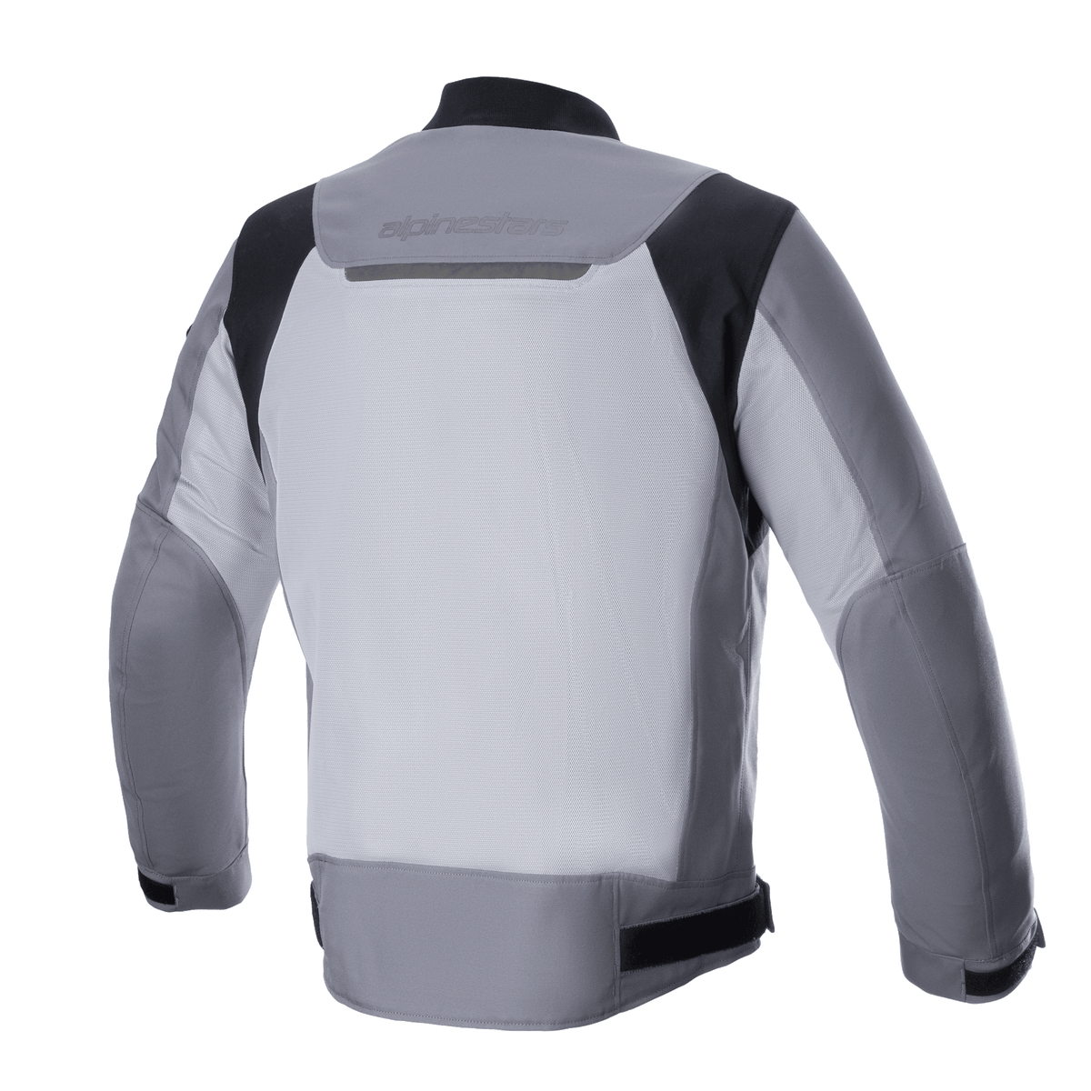 Alpinestars Luc V2 Air Jacket, Textil-Motorradjacke, Dunkelgrau Mittelgrau, Rückansicht mit großem belüftetem Mesh-Einsatz, schwarzen Schulterakzenten und reflektierendem Branding am oberen Rücken