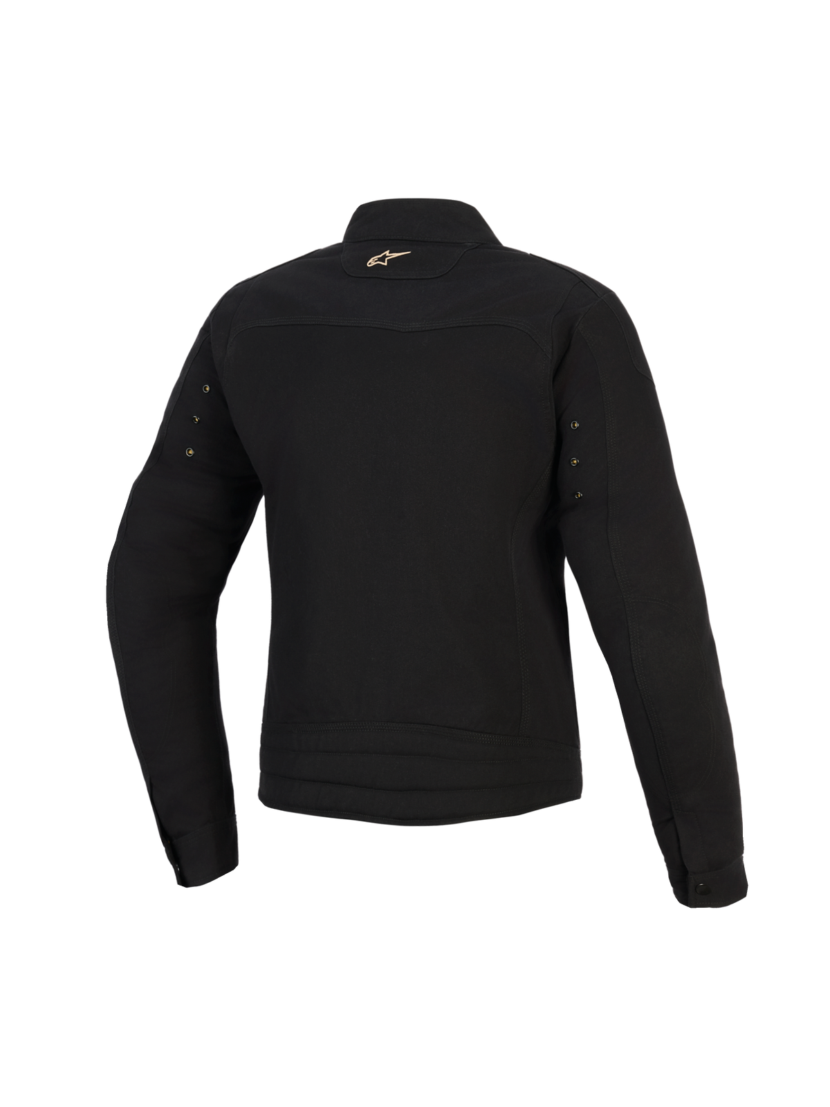 Alpinestars Stella Grace Jacke, Urban-Motorradjacke für Damen, Schwarz, Rückansicht mit einem kleinen goldenen Astar-Logo am Nacken, Metallösen an den Ärmeln und Plisseenähten am unteren Rücken.